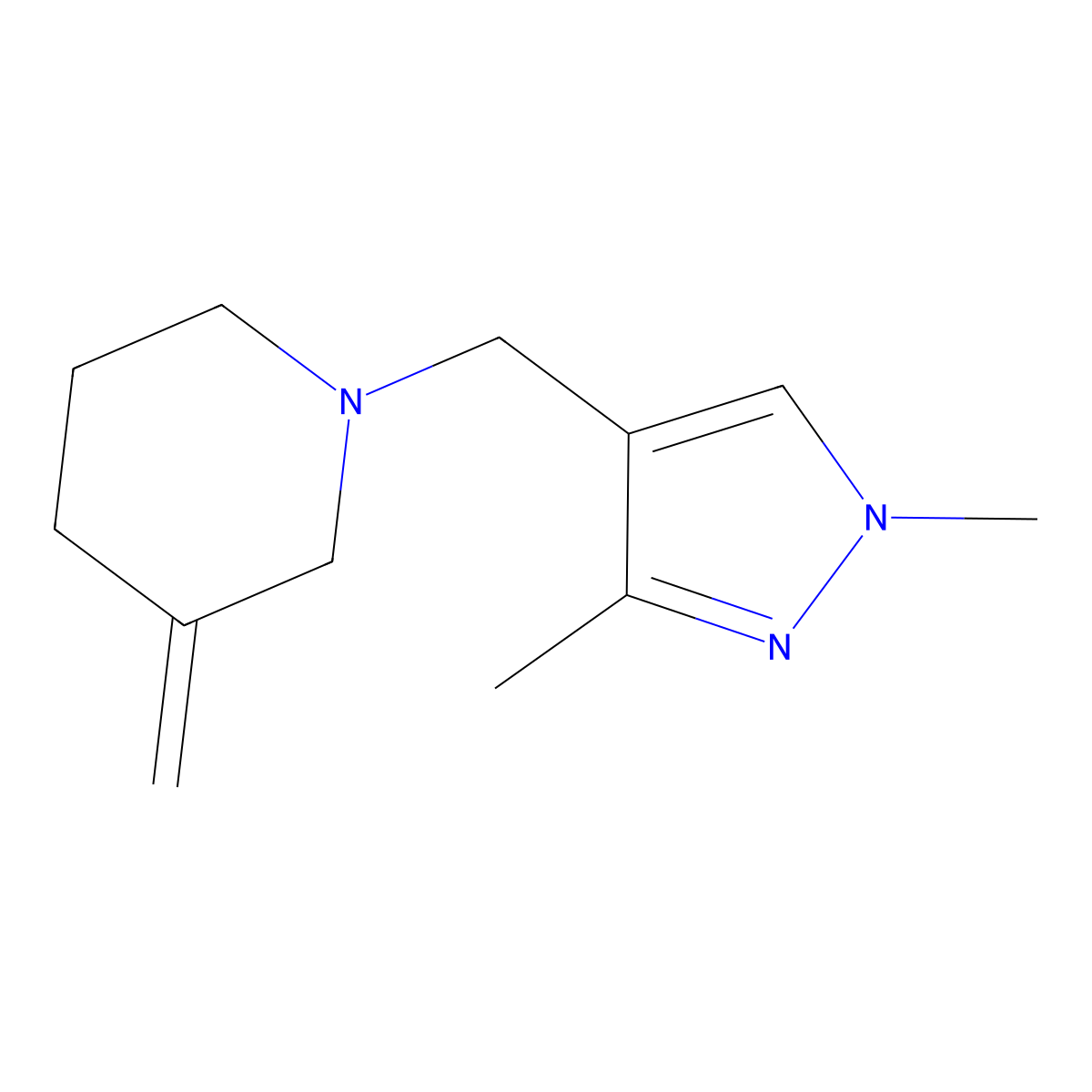 1-[(1,3-dimethyl-1H-pyrazol-4-yl)methyl]-3-methylidenepiperidine molecular structure, CAS 2097897-65-7