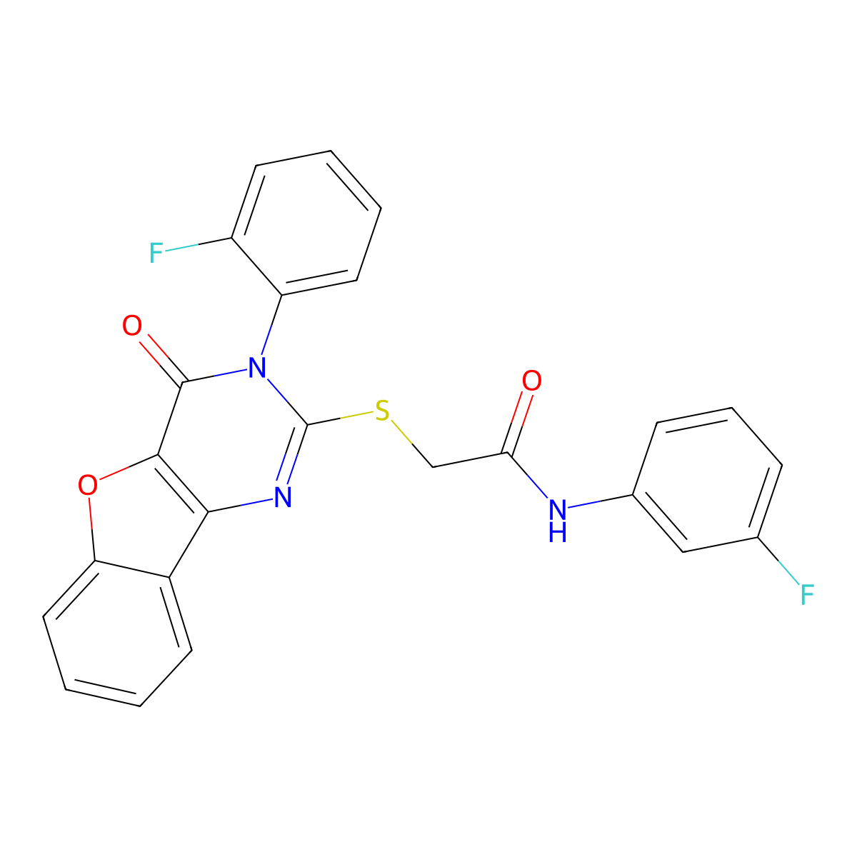 N-(3-fluorophenyl)-2-{[5-(2-fluorophenyl)-6-oxo-8-oxa-3,5-diazatricyclo[7.4.0.0^{2,7}]trideca-1(9),2(7),3,10,12-pentaen-4-yl]sulfanyl}acetamide molecular structure, CAS 2097898-23-0