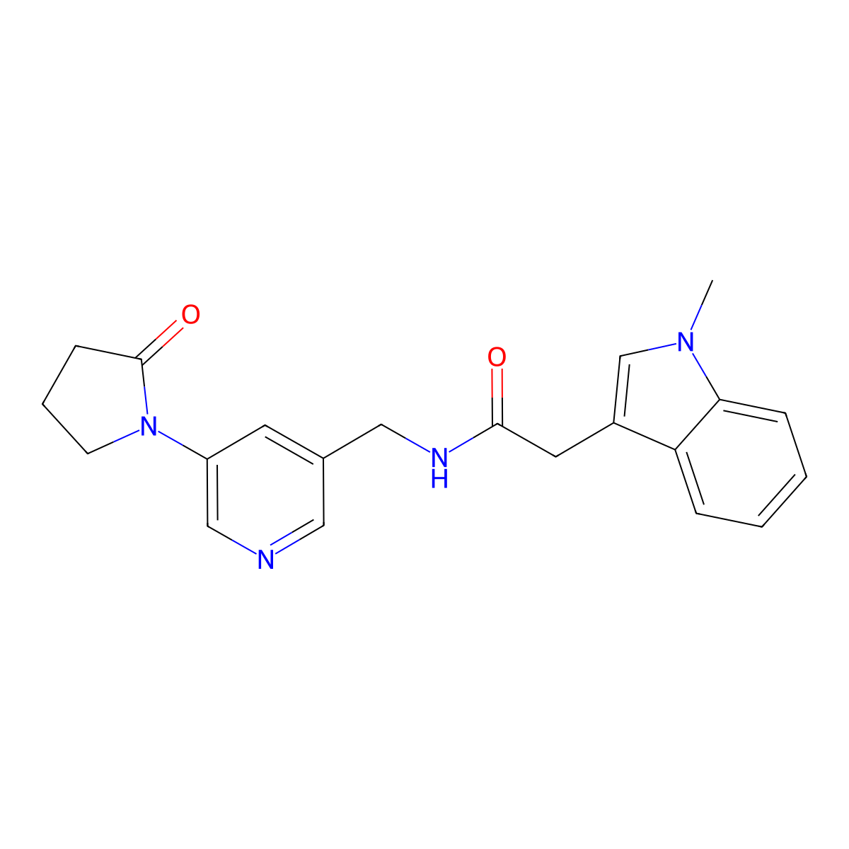 2-(1-methyl-1H-indol-3-yl)-N-{[5-(2-oxopyrrolidin-1-yl)pyridin-3-yl]methyl}acetamide molecular structure, CAS 2097898-37-6