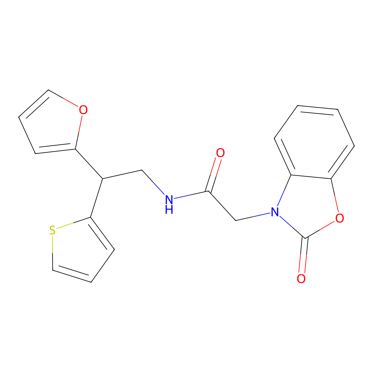 N-[2-(furan-2-yl)-2-(thiophen-2-yl)ethyl]-2-(2-oxo-2,3-dihydro-1,3-benzoxazol-3-yl)acetamide molecular structure, CAS 2097898-81-0