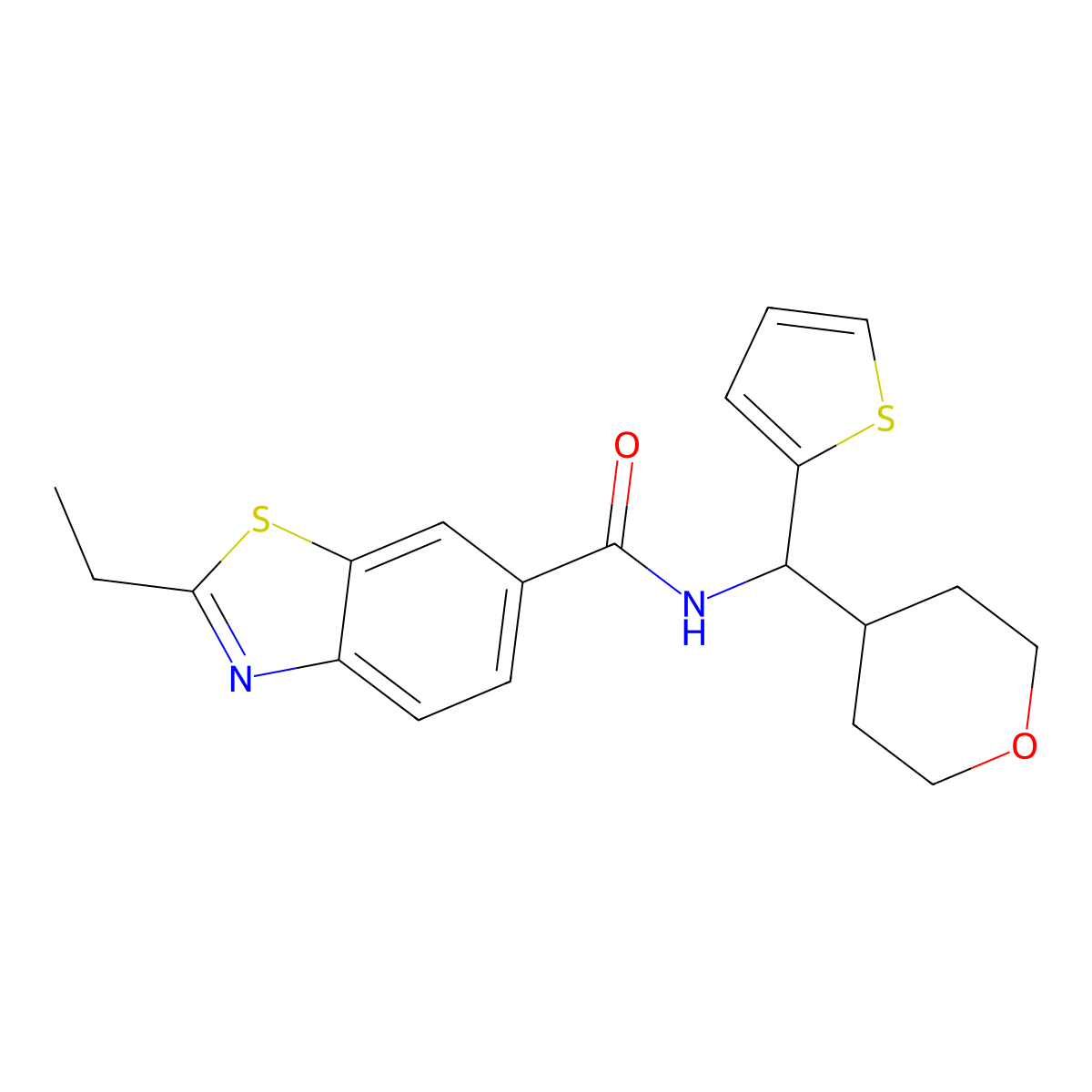 2-ethyl-N-[(oxan-4-yl)(thiophen-2-yl)methyl]-1,3-benzothiazole-6-carboxamide molecular structure, CAS 2097898-87-6