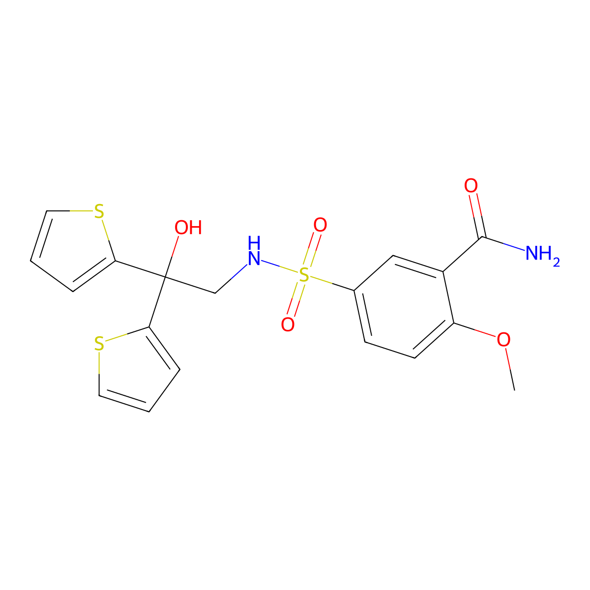 5-{[2-Hydroxy-2,2-bis(thiophen-2-yl)ethyl]sulfamoyl}-2-methoxybenzamide molecular structure, CAS 2097898-99-0