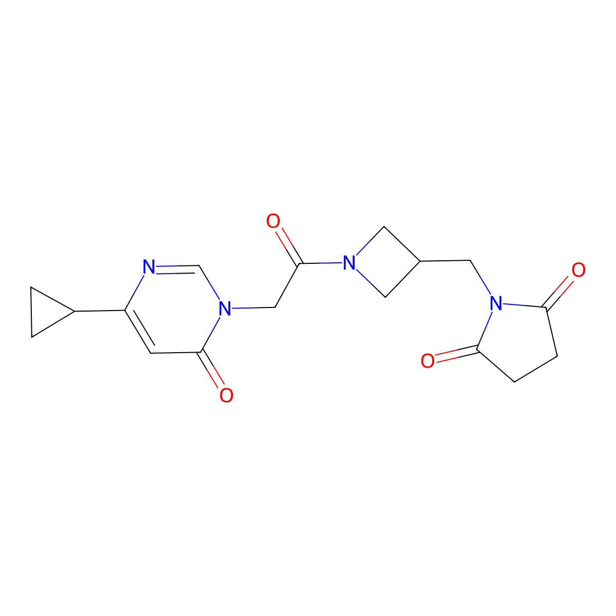 1-({1-[2-(4-Cyclopropyl-6-oxo-1,6-dihydropyrimidin-1-yl)acetyl]azetidin-3-yl}methyl)pyrrolidine-2,5-dione molecular structure, CAS 2097899-01-7