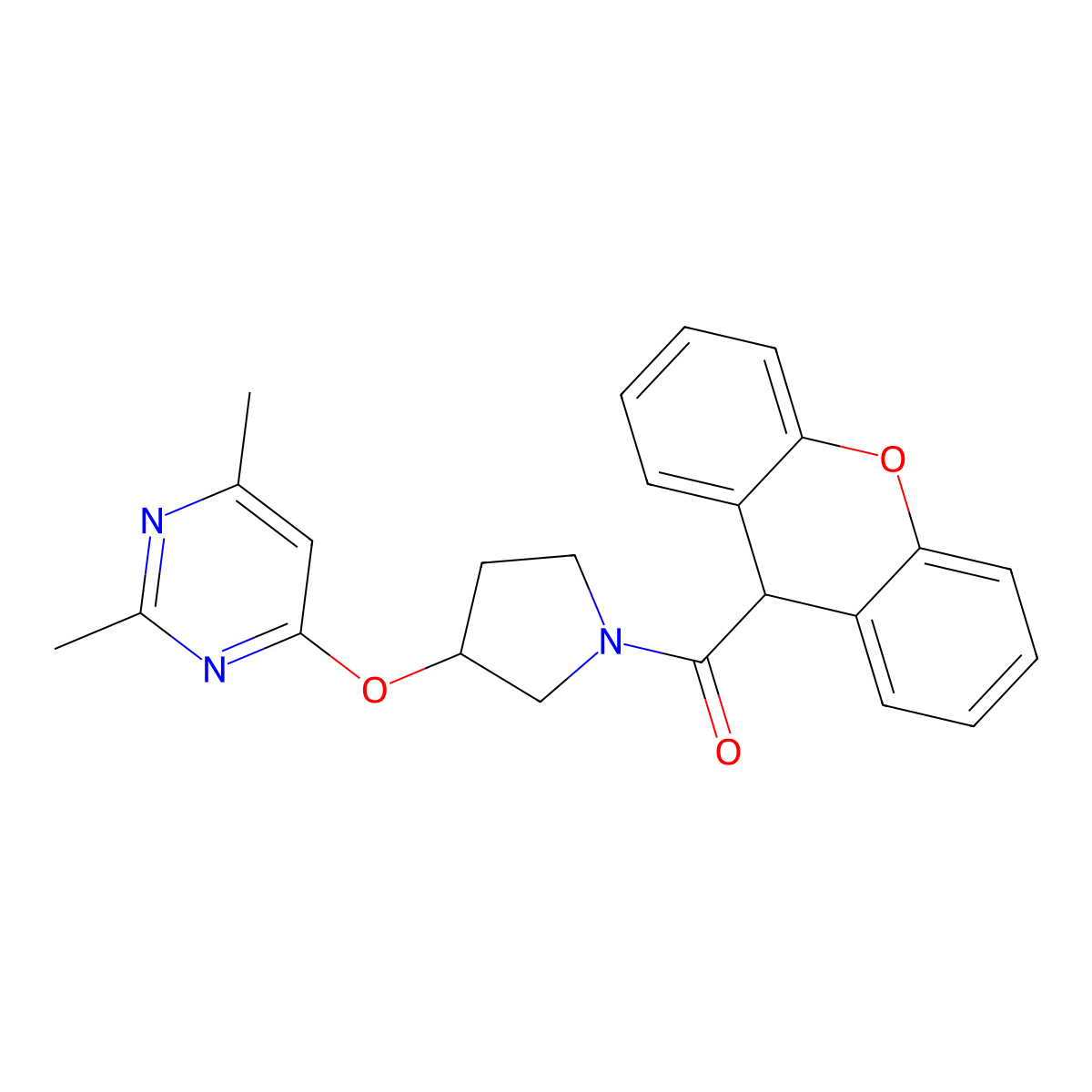 2,4-dimethyl-6-{[1-(9H-xanthene-9-carbonyl)pyrrolidin-3-yl]oxy}pyrimidine molecular structure, CAS 2097899-09-5