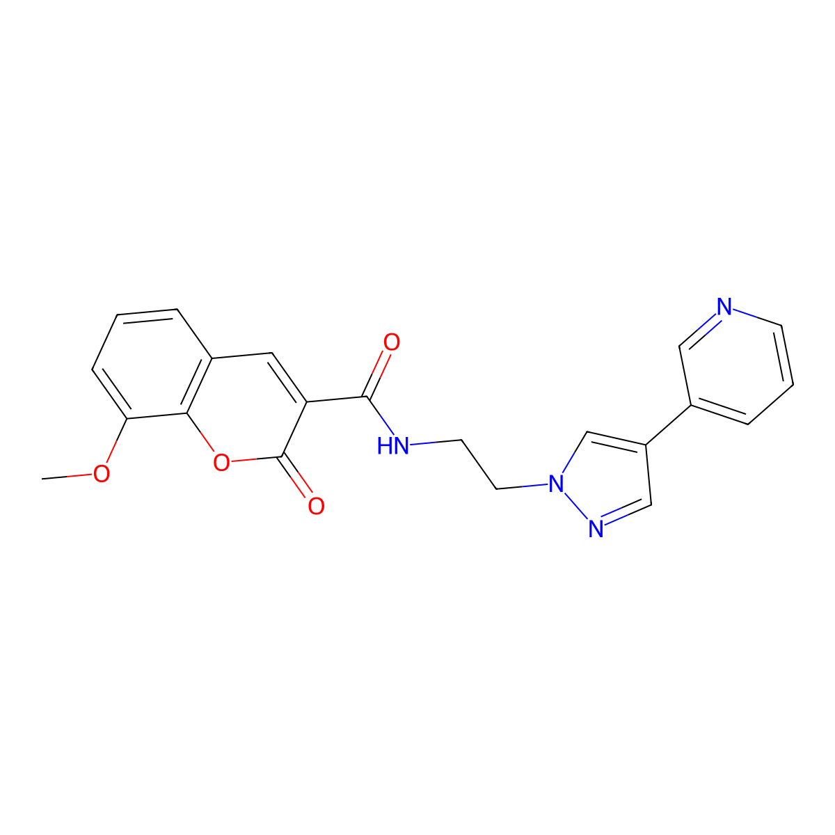 8-methoxy-2-oxo-N-{2-[4-(pyridin-3-yl)-1H-pyrazol-1-yl]ethyl}-2H-chromene-3-carboxamide molecular structure, CAS 2097899-10-8