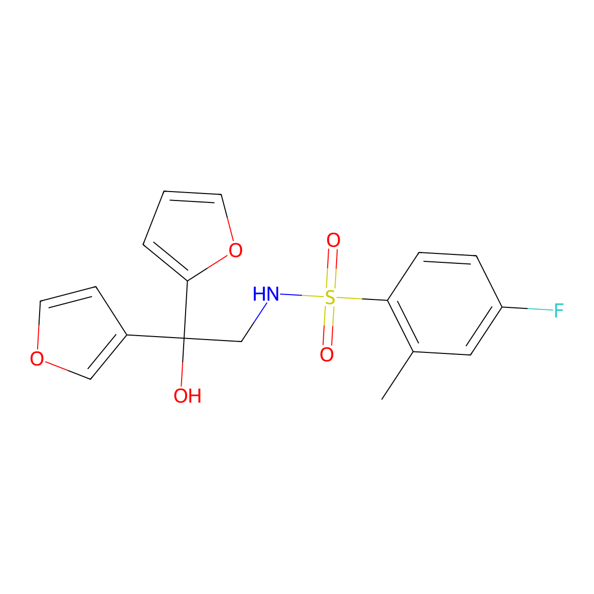 4-fluoro-N-[2-(furan-2-yl)-2-(furan-3-yl)-2-hydroxyethyl]-2-methylbenzene-1-sulfonamide molecular structure, CAS 2097899-11-9