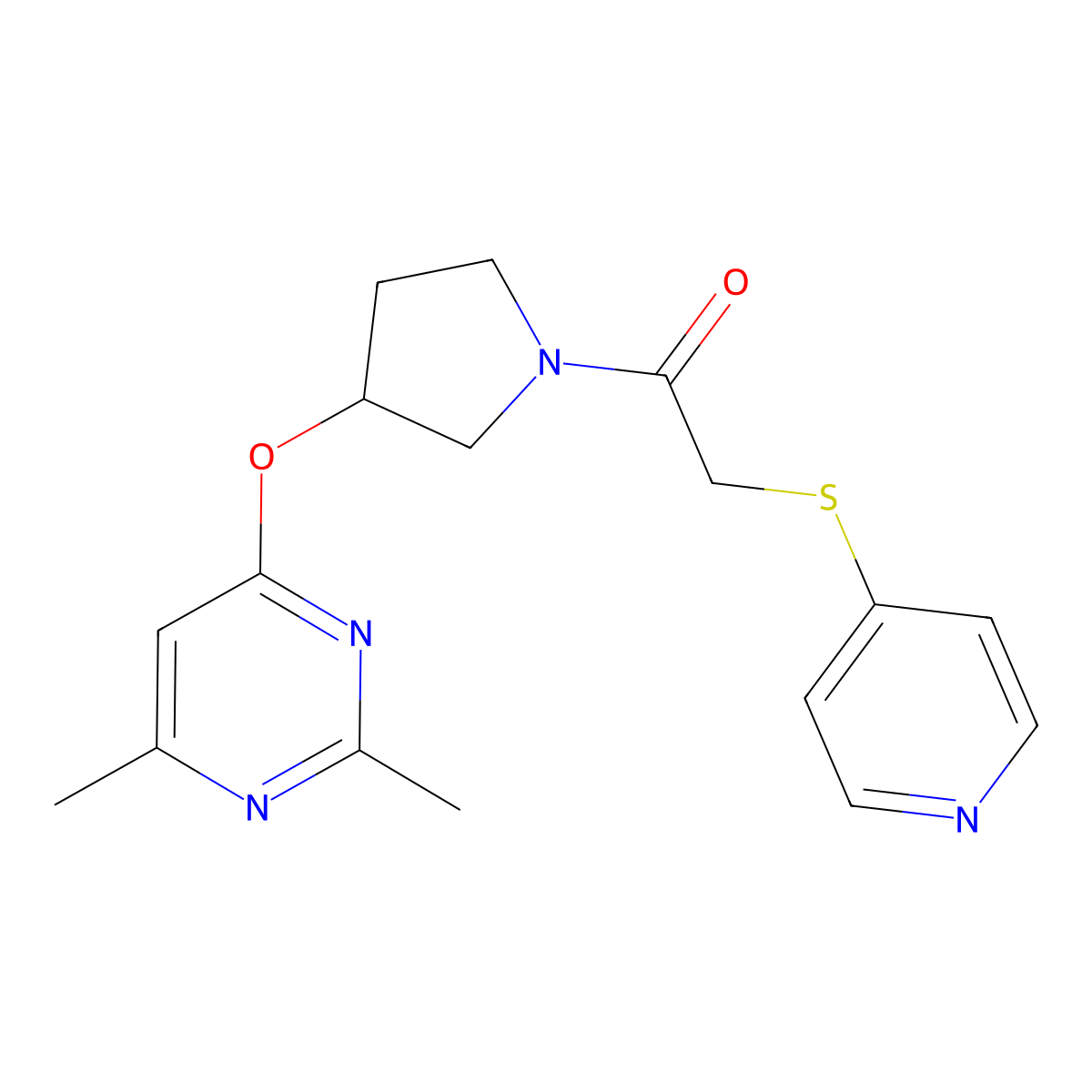 1-{3-[(2,6-Dimethylpyrimidin-4-yl)oxy]pyrrolidin-1-yl}-2-(pyridin-4-ylsulfanyl)ethan-1-one molecular structure, CAS 2097899-12-0