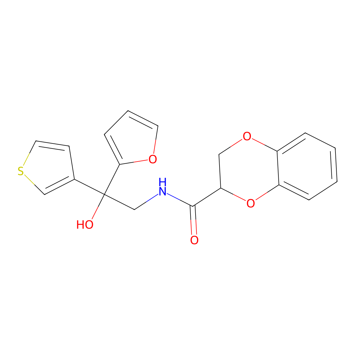 N-[2-(furan-2-yl)-2-hydroxy-2-(thiophen-3-yl)ethyl]-2,3-dihydro-1,4-benzodioxine-2-carboxamide molecular structure, CAS 2097899-15-3
