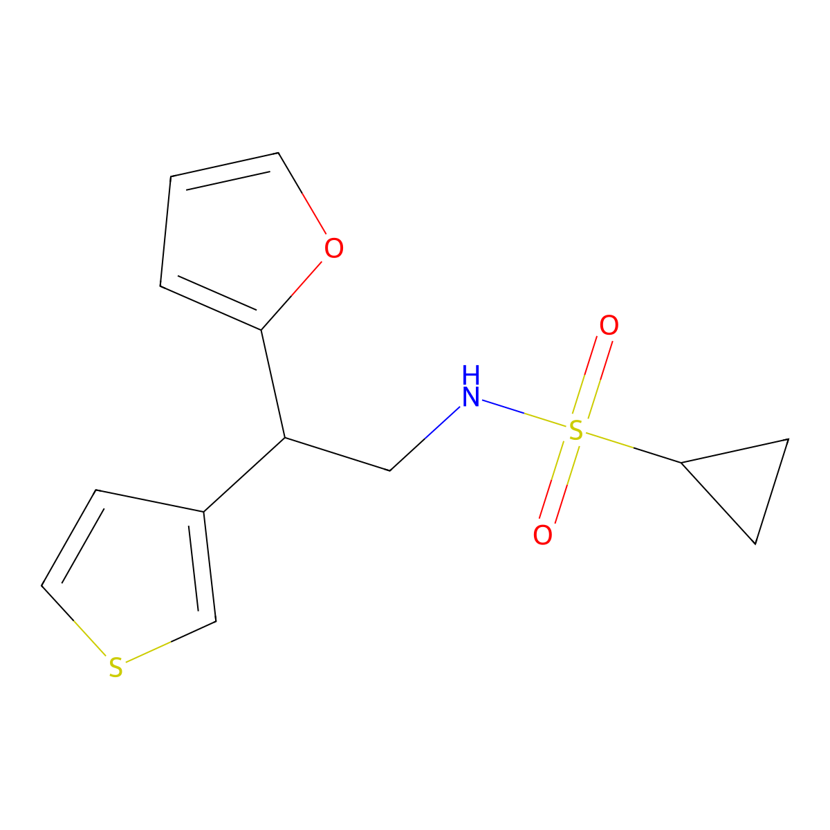 N-(2-(furan-2-yl)-2-(thiophen-3-yl)ethyl)cyclopropanesulfonamide molecular structure, CAS 2097899-34-6