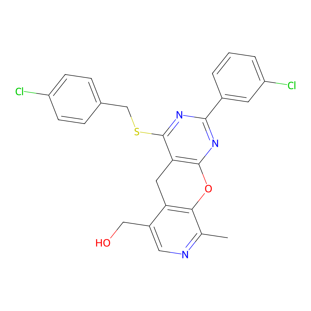 [5-(3-Chlorophenyl)-7-{[(4-chlorophenyl)methyl]sulfanyl}-14-methyl-2-oxa-4,6,13-triazatricyclo[8.4.0.0^{3,8}]tetradeca-1(10),3(8),4,6,11,13-hexaen-11-yl]methanol molecular structure, CAS 2097899-61-9