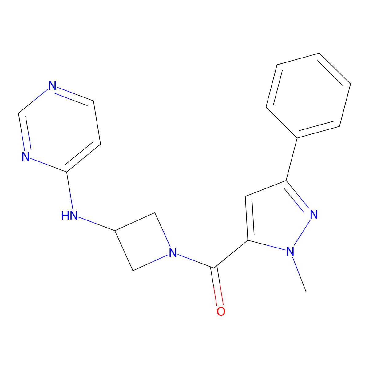 N-[1-(1-methyl-3-phenyl-1H-pyrazole-5-carbonyl)azetidin-3-yl]pyrimidin-4-amine molecular structure, CAS 2097899-68-6