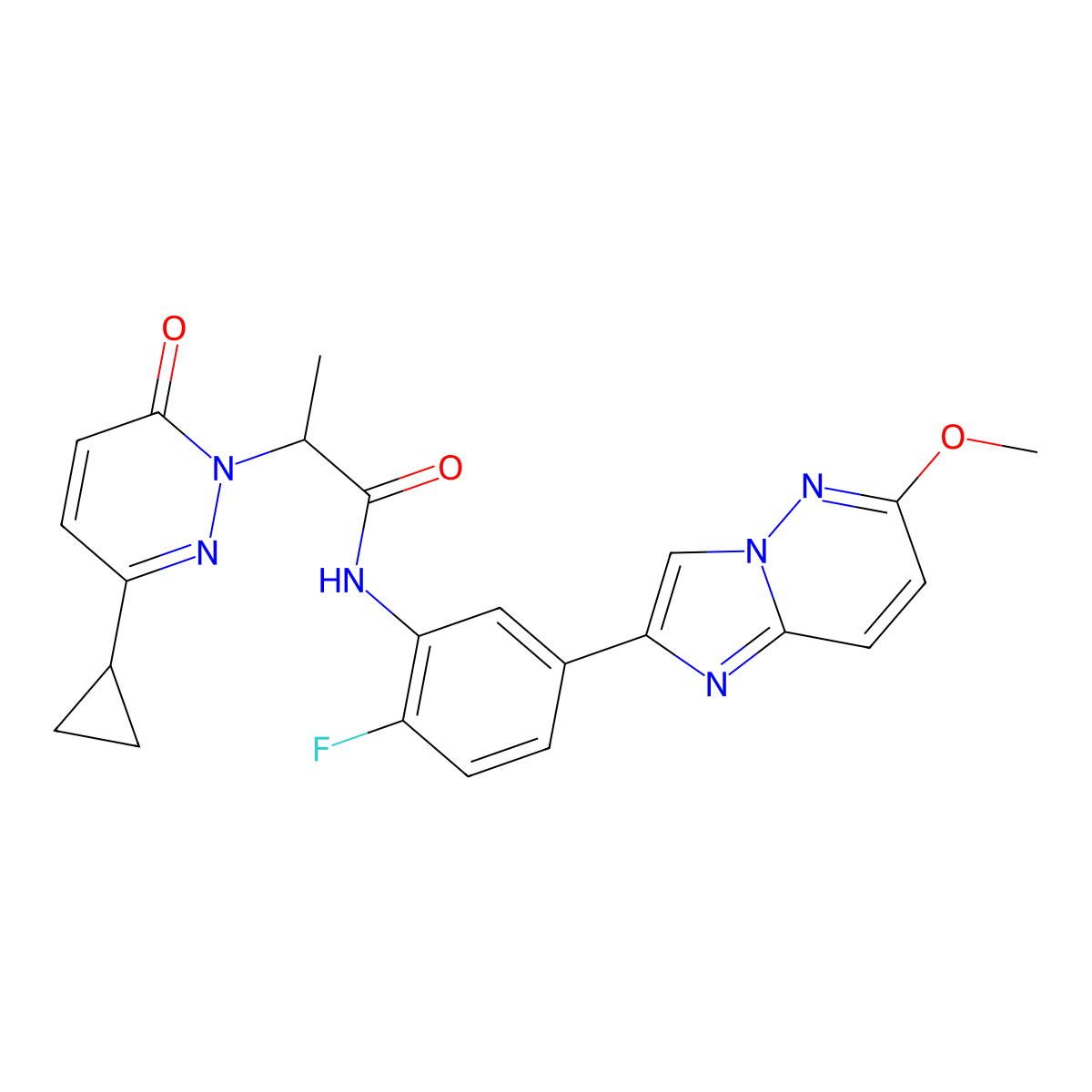 2-(3-cyclopropyl-6-oxopyridazin-1(6H)-yl)-N-(2-fluoro-5-(6-methoxyimidazo[1,2-b]pyridazin-2-yl)phenyl)propanamide molecular structure, CAS 2097899-76-6
