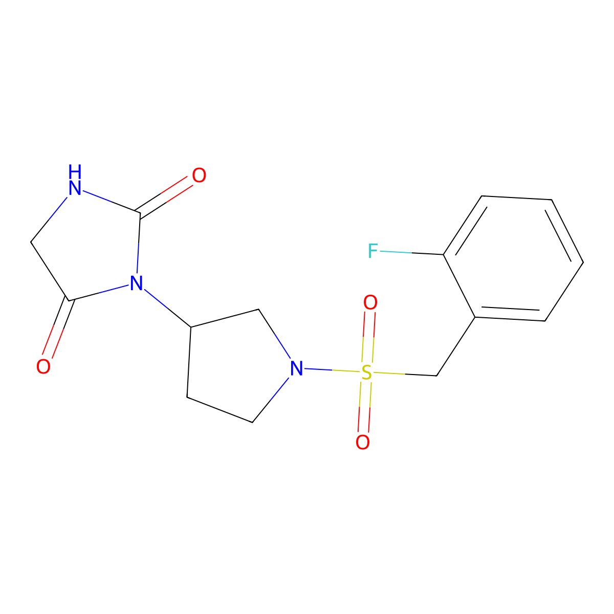 3-(1-((2-Fluorobenzyl)sulfonyl)pyrrolidin-3-yl)imidazolidine-2,4-dione molecular structure, CAS 2097899-82-4