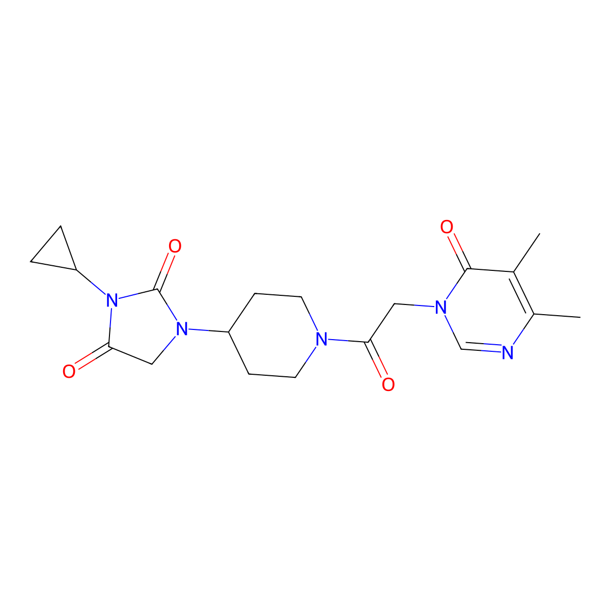 3-Cyclopropyl-1-{1-[2-(4,5-dimethyl-6-oxo-1,6-dihydropyrimidin-1-yl)acetyl]piperidin-4-yl}imidazolidine-2,4-dione molecular structure, CAS 2097900-09-7