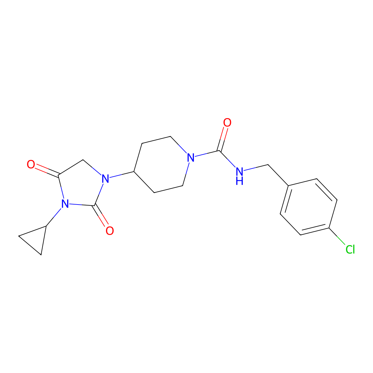 N-[(4-chlorophenyl)methyl]-4-(3-cyclopropyl-2,4-dioxoimidazolidin-1-yl)piperidine-1-carboxamide molecular structure, CAS 2097900-15-5