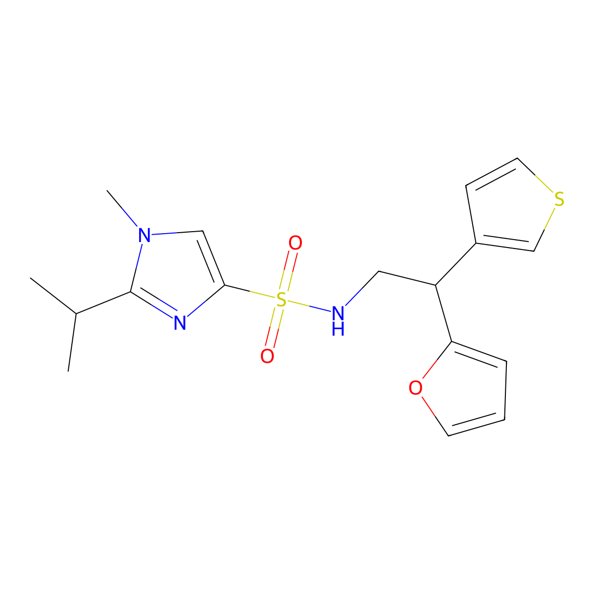 N-(2-(furan-2-yl)-2-(thiophen-3-yl)ethyl)-2-isopropyl-1-methyl-1H-imidazole-4-sulfonamide molecular structure, CAS 2097900-33-7