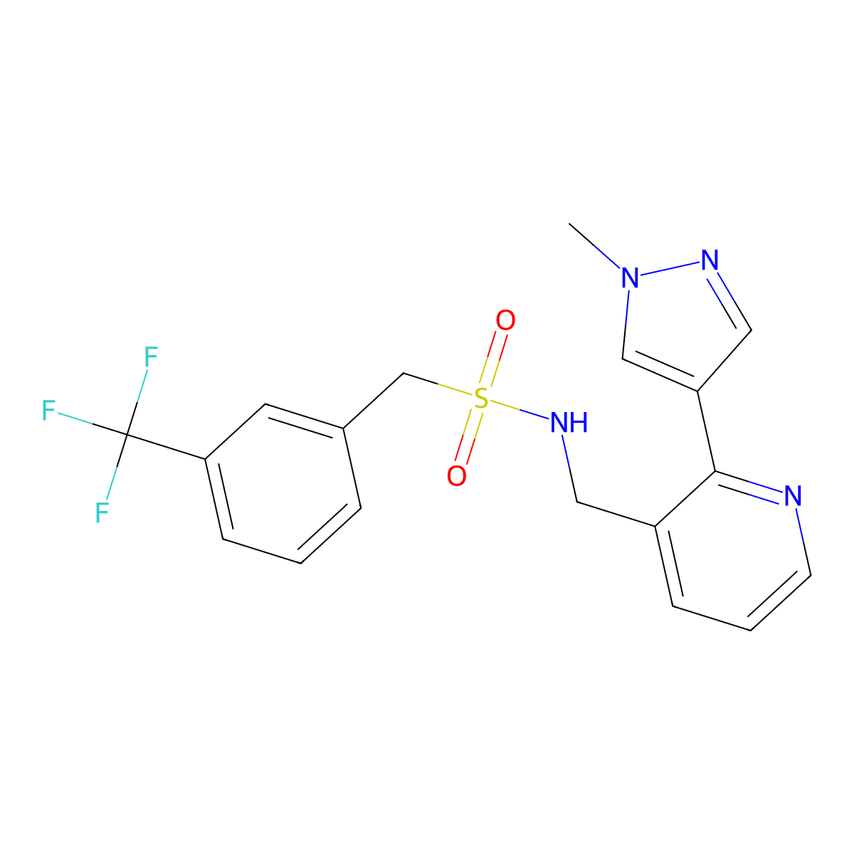 N-{[2-(1-methyl-1H-pyrazol-4-yl)pyridin-3-yl]methyl}-1-[3-(trifluoromethyl)phenyl]methanesulfonamide molecular structure, CAS 2097900-40-6