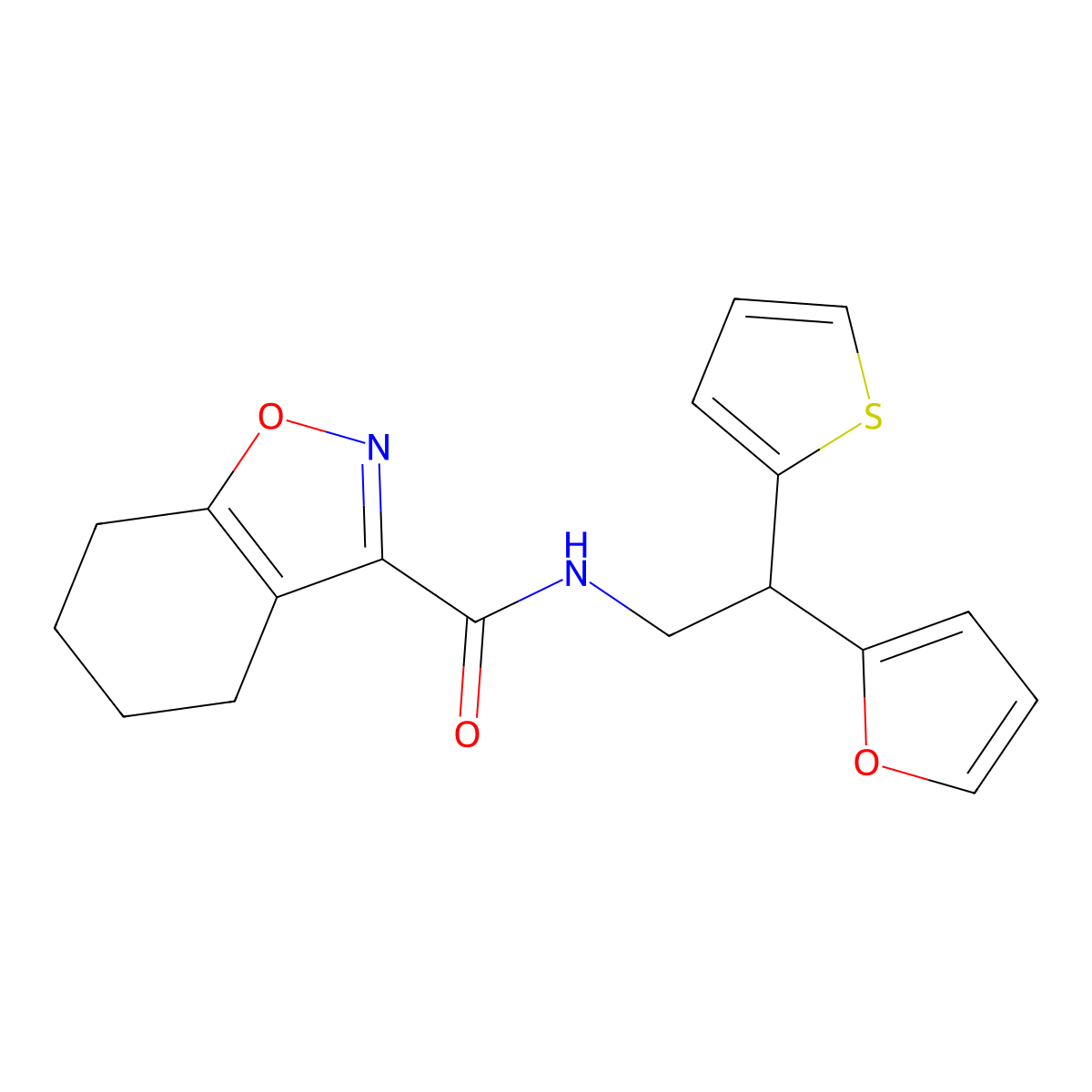 N-[2-(furan-2-yl)-2-(thiophen-2-yl)ethyl]-4,5,6,7-tetrahydro-1,2-benzoxazole-3-carboxamide molecular structure, CAS 2097900-41-7