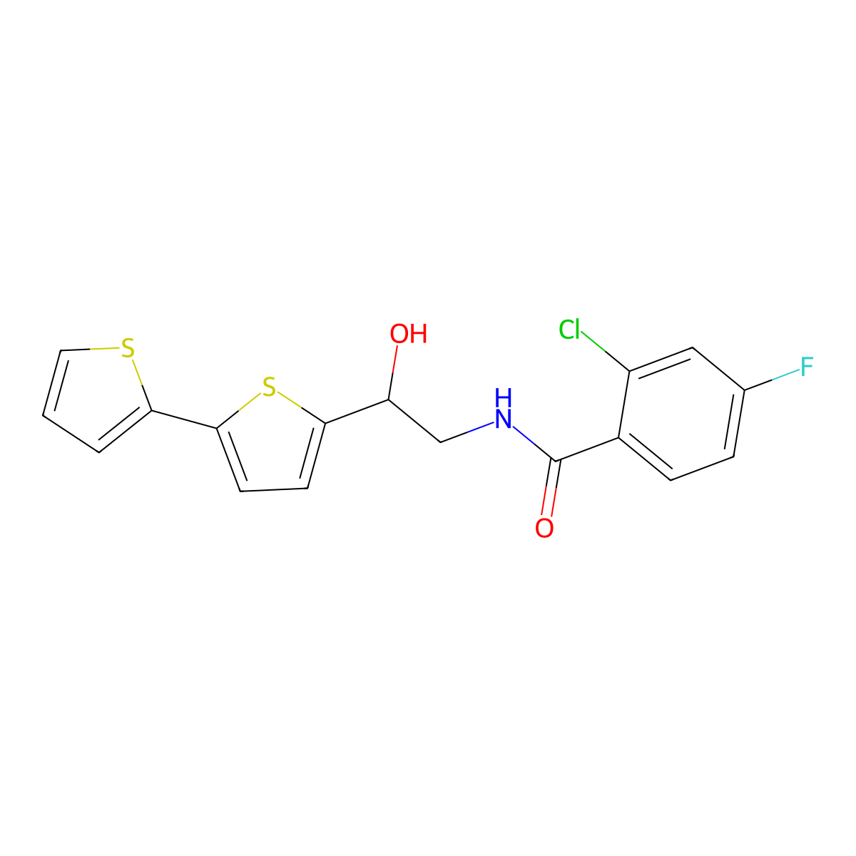 N-(2-{[2,2'-bithiophene]-5-yl}-2-hydroxyethyl)-2-chloro-4-fluorobenzamide molecular structure, CAS 2097900-87-1