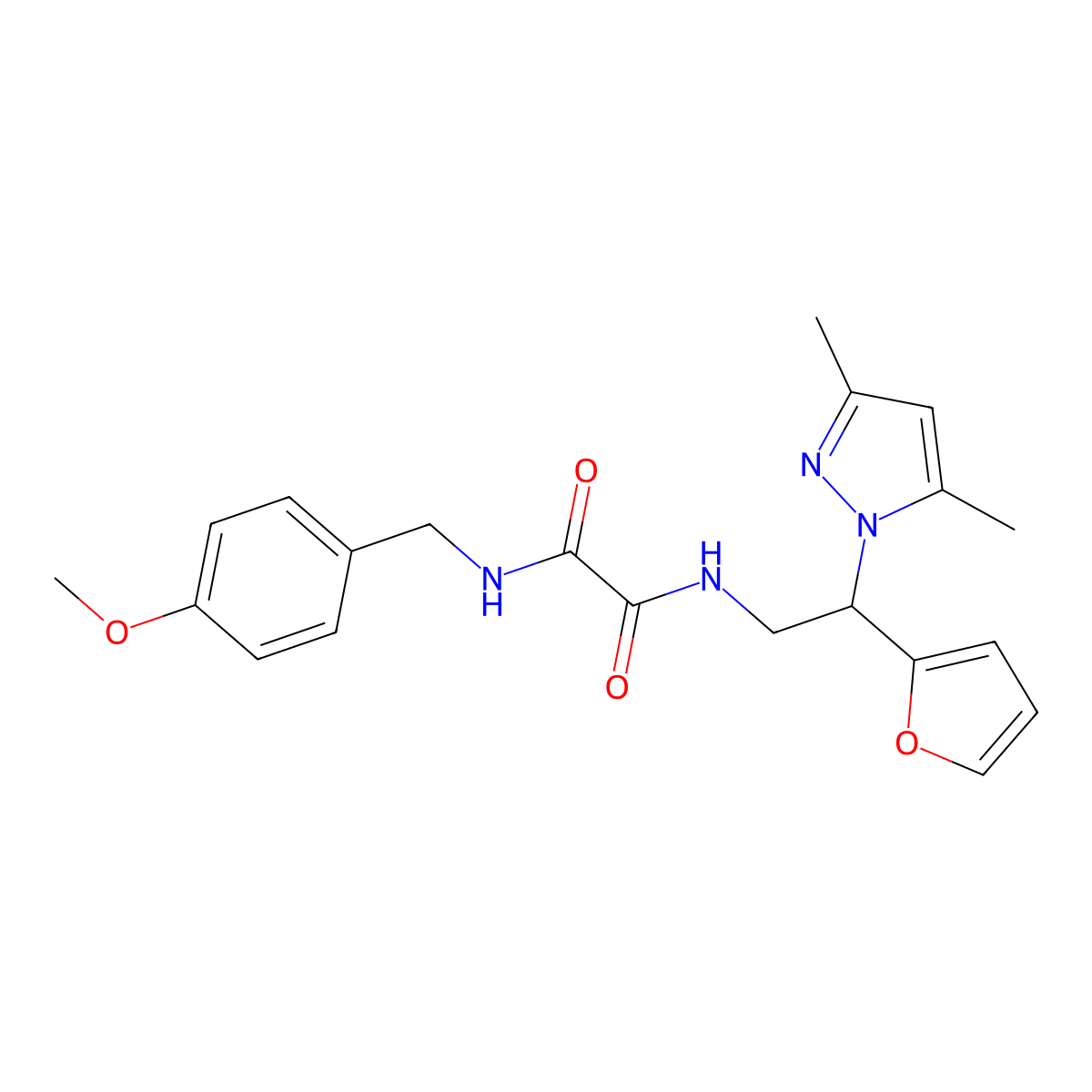 N1-(2-(3,5-dimethyl-1H-pyrazol-1-yl)-2-(furan-2-yl)ethyl)-N2-(4-methoxybenzyl)oxalamide molecular structure, CAS 2097901-10-3