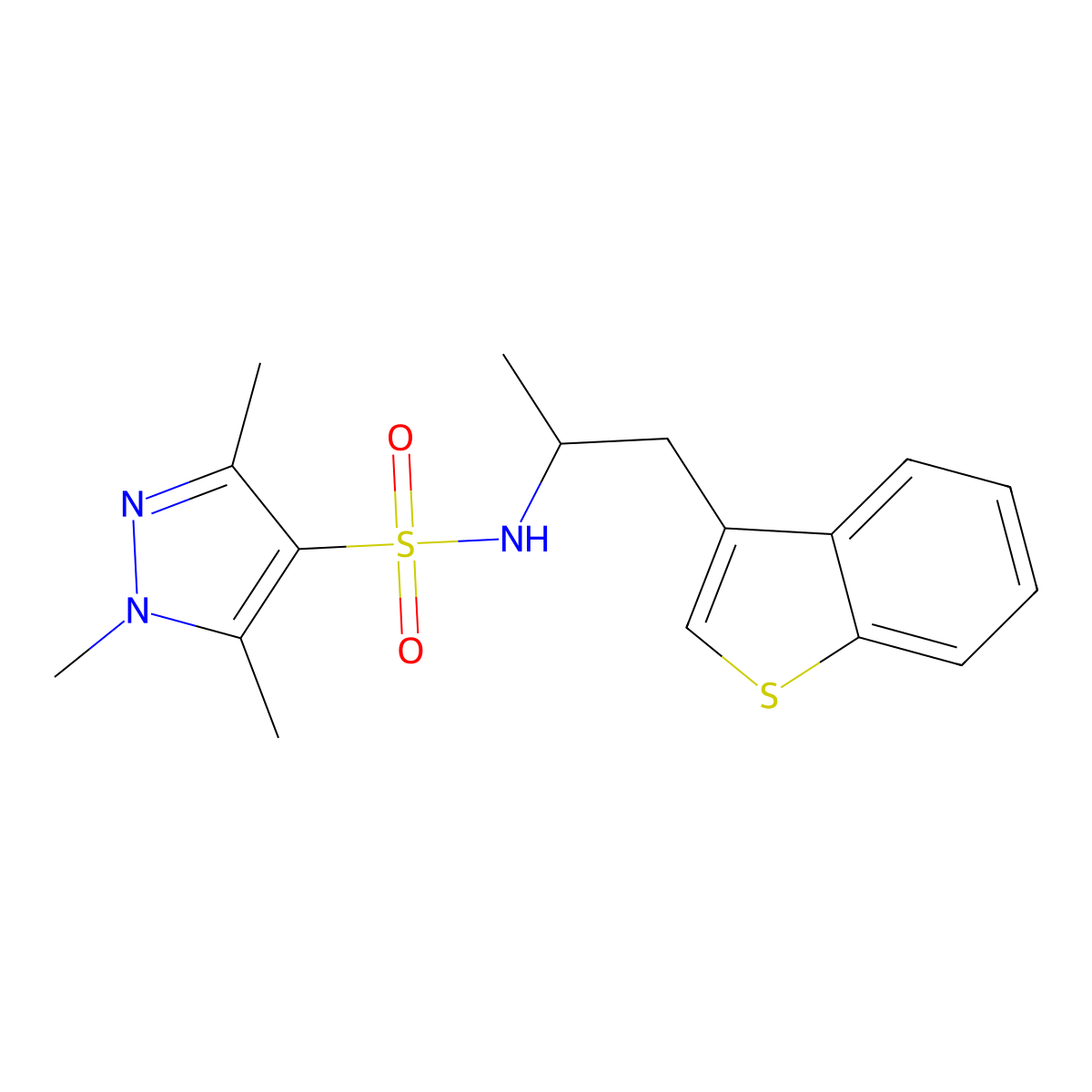 N-[1-(1-benzothiophen-3-yl)propan-2-yl]-1,3,5-trimethyl-1H-pyrazole-4-sulfonamide molecular structure, CAS 2097901-42-1