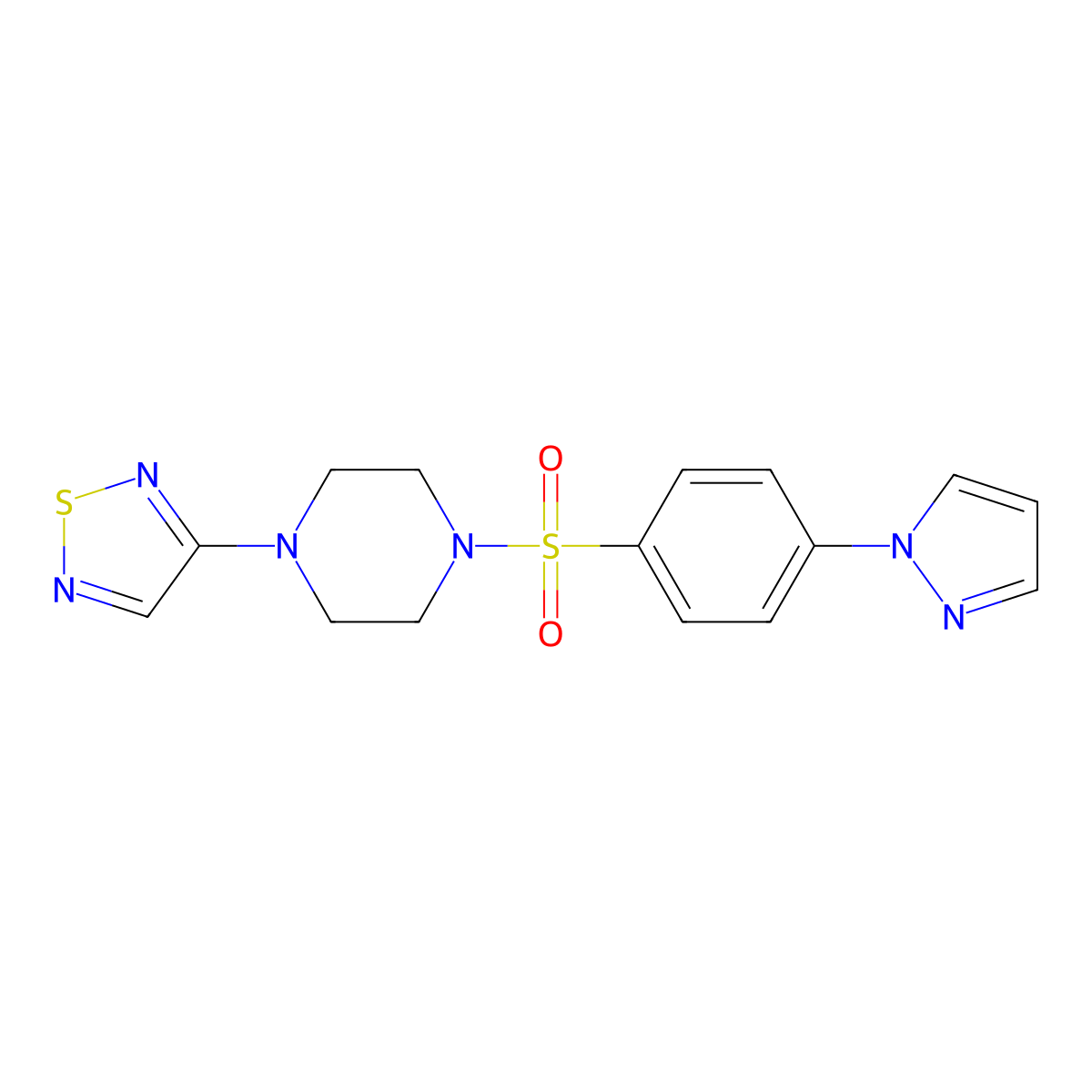 1-[4-(1H-pyrazol-1-yl)benzenesulfonyl]-4-(1,2,5-thiadiazol-3-yl)piperazine molecular structure, CAS 2097901-82-9