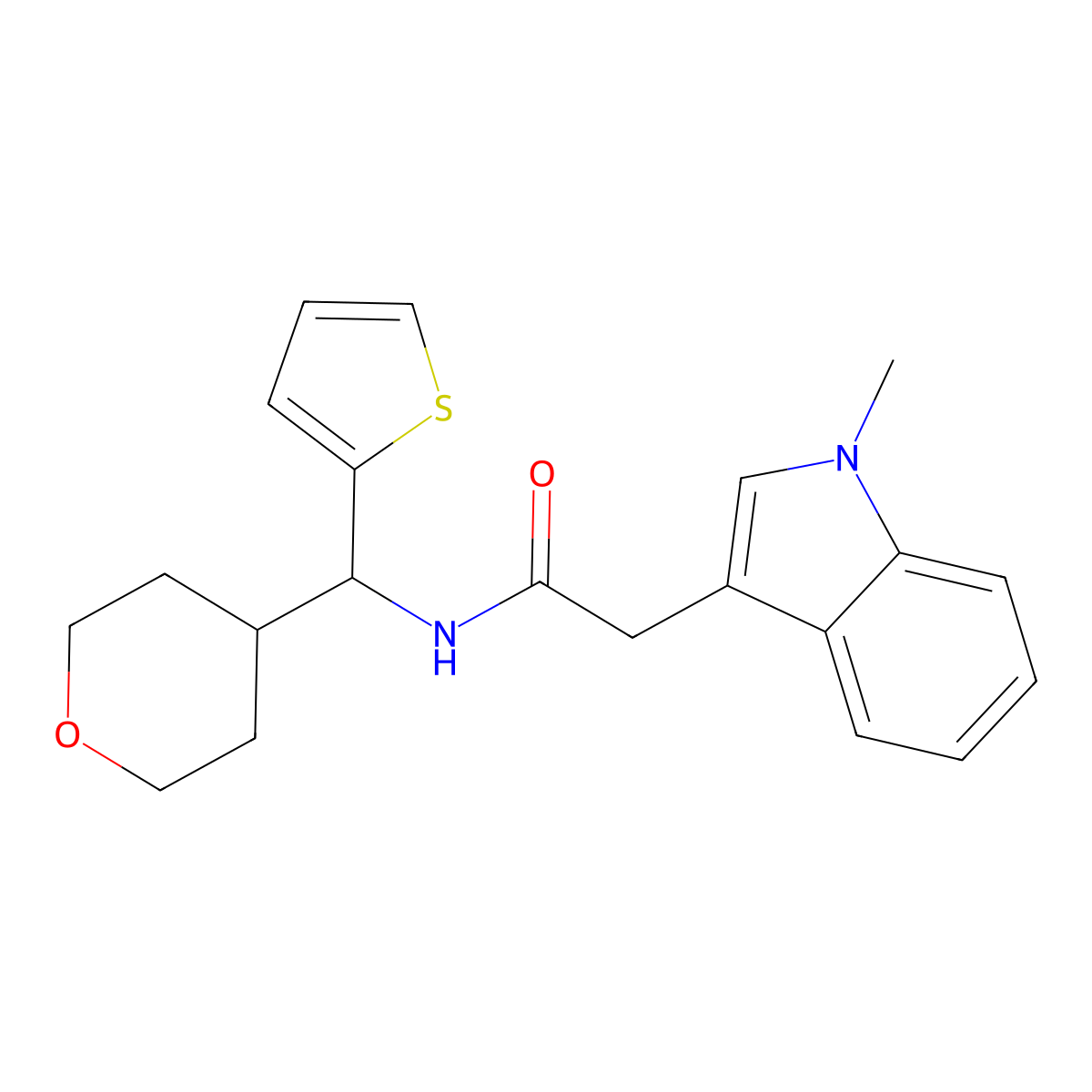 2-(1-methyl-1H-indol-3-yl)-N-[(oxan-4-yl)(thiophen-2-yl)methyl]acetamide molecular structure, CAS 2097901-92-1