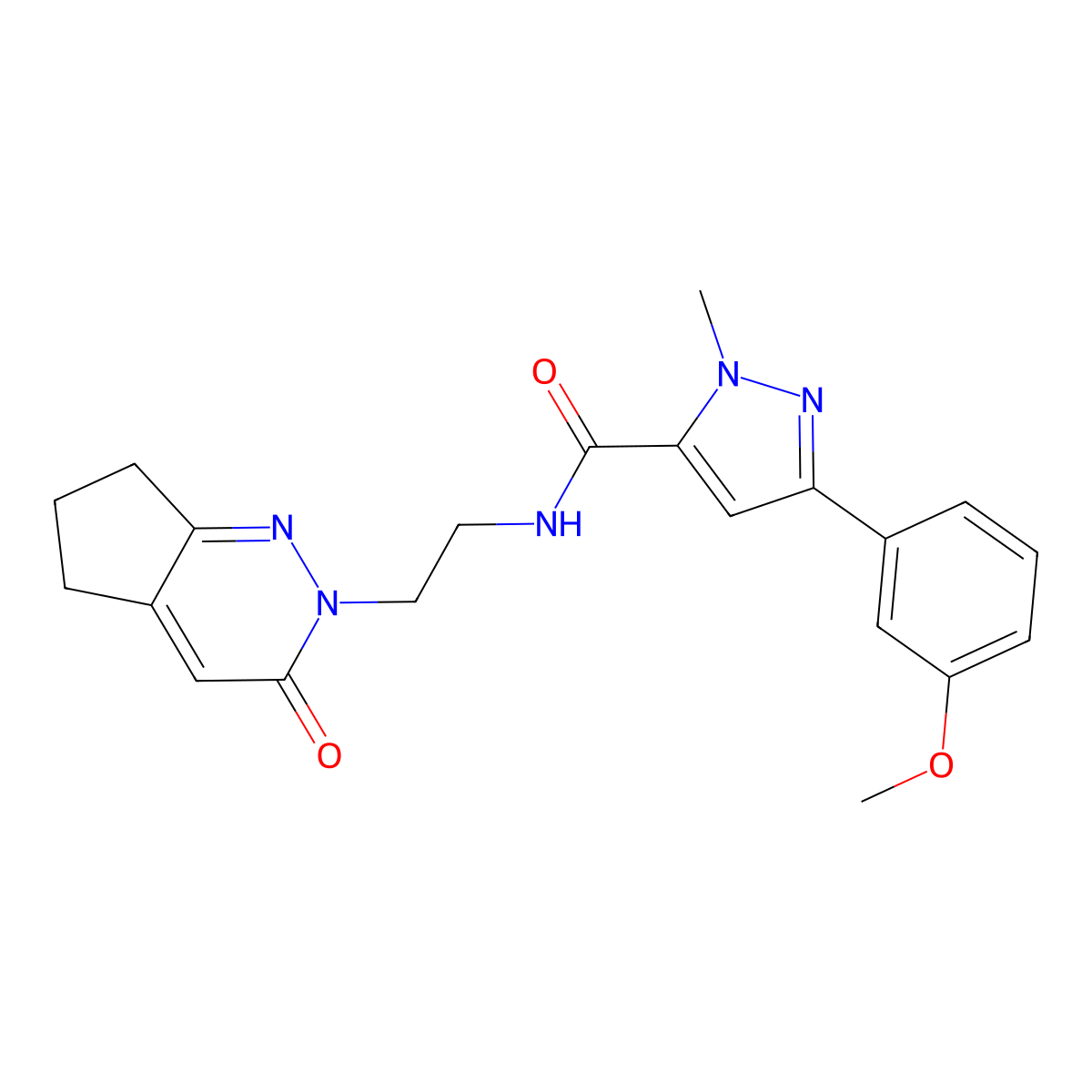 3-(3-methoxyphenyl)-1-methyl-N-(2-(3-oxo-3,5,6,7-tetrahydro-2H-cyclopenta[c]pyridazin-2-yl)ethyl)-1H-pyrazole-5-carboxamide molecular structure, CAS 2097901-93-2
