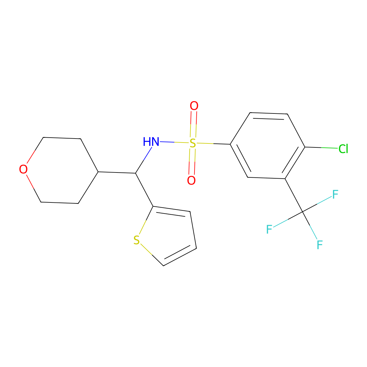 4-chloro-N-[(oxan-4-yl)(thiophen-2-yl)methyl]-3-(trifluoromethyl)benzene-1-sulfonamide molecular structure, CAS 2097901-94-3
