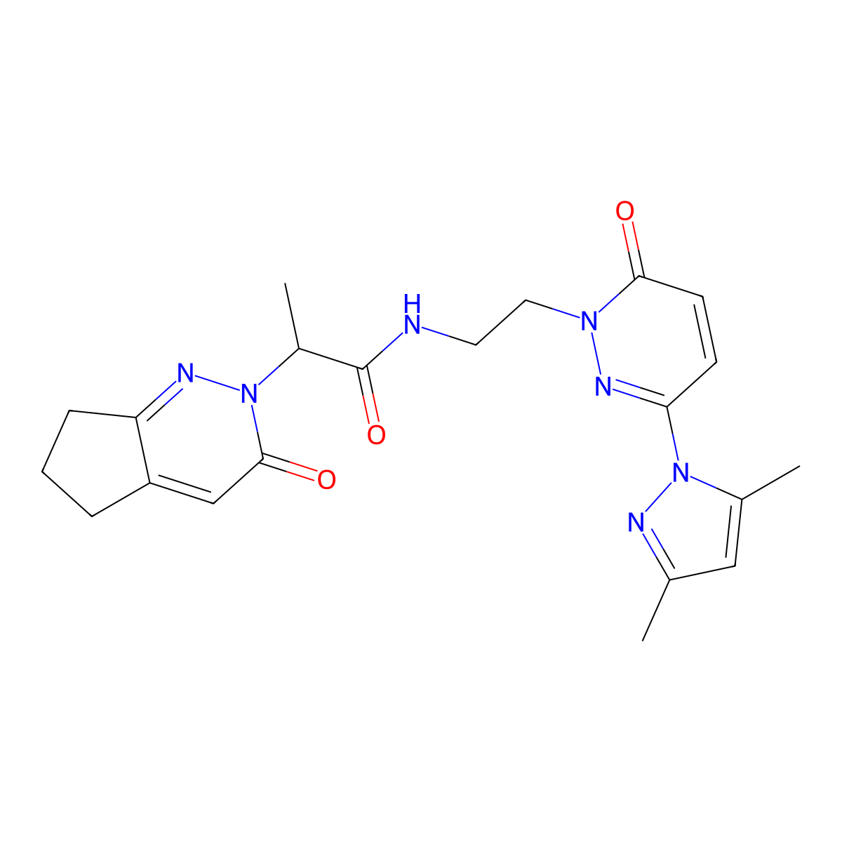 N-(2-(3-(3,5-dimethyl-1H-pyrazol-1-yl)-6-oxopyridazin-1(6H)-yl)ethyl)-2-(3-oxo-3,5,6,7-tetrahydro-2H-cyclopenta[c]pyridazin-2-yl)propanamide molecular structure, CAS 2097901-98-7