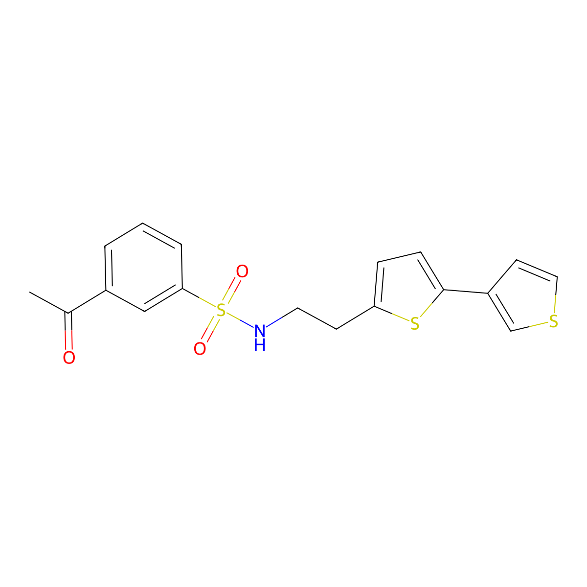 3-acetyl-N-(2-{[2,3'-bithiophene]-5-yl}ethyl)benzene-1-sulfonamide molecular structure, CAS 2097902-20-8