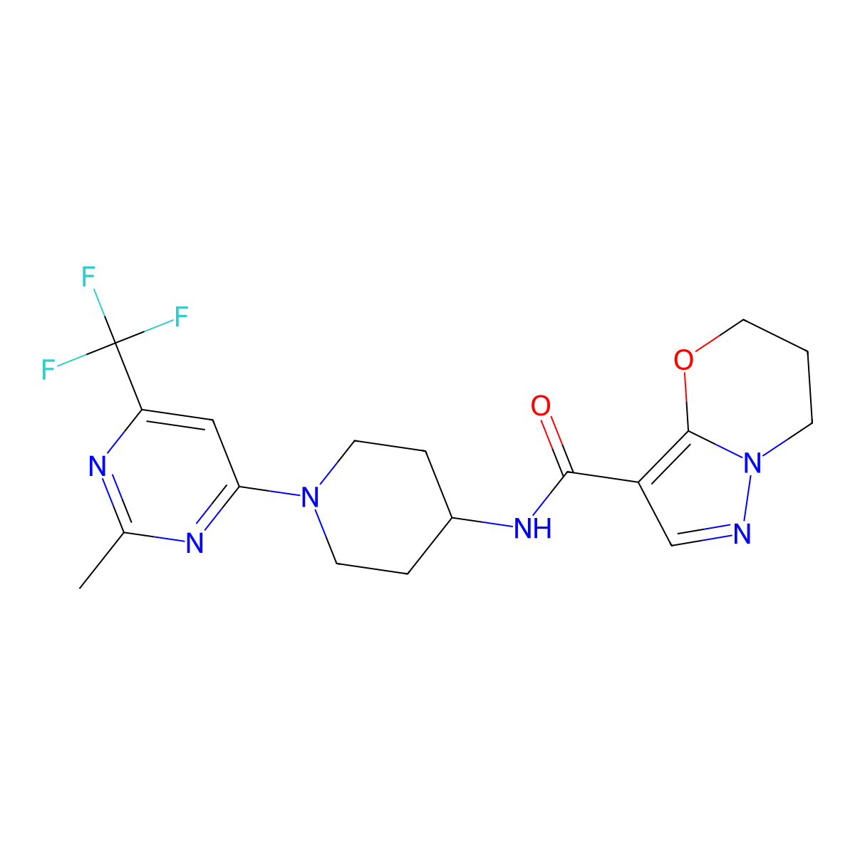 N-{1-[2-methyl-6-(trifluoromethyl)pyrimidin-4-yl]piperidin-4-yl}-5H,6H,7H-pyrazolo[3,2-b][1,3]oxazine-3-carboxamide molecular structure, CAS 2097902-36-6