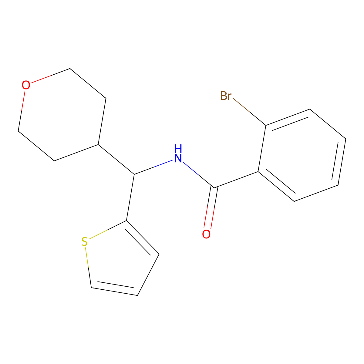 2-bromo-N-[(oxan-4-yl)(thiophen-2-yl)methyl]benzamide molecular structure, CAS 2097902-40-2