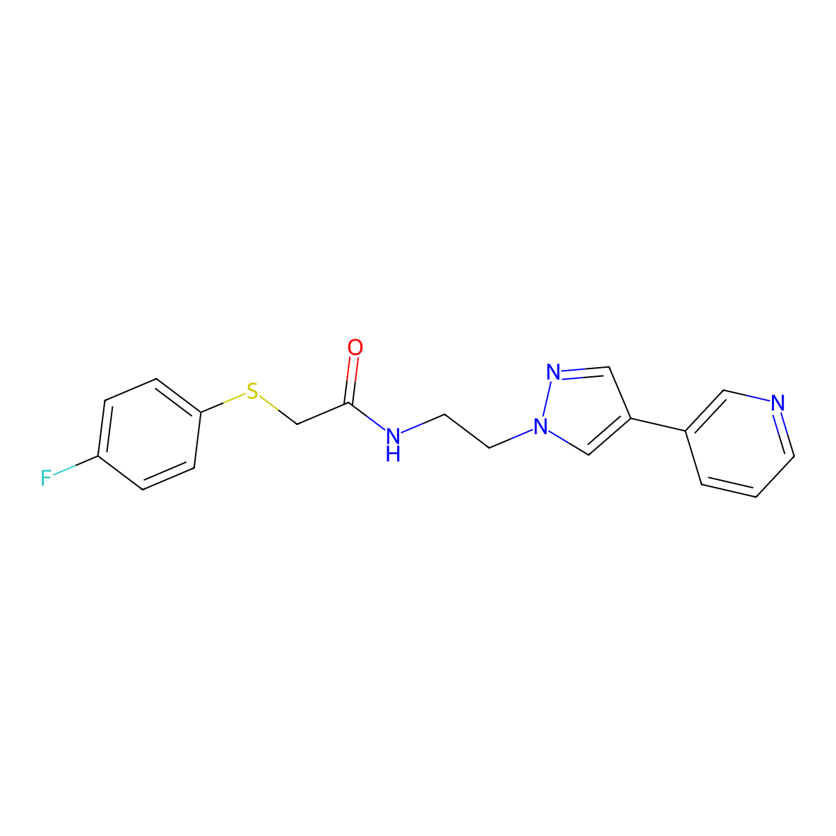 2-[(4-fluorophenyl)sulfanyl]-N-{2-[4-(pyridin-3-yl)-1H-pyrazol-1-yl]ethyl}acetamide molecular structure, CAS 2097902-53-7