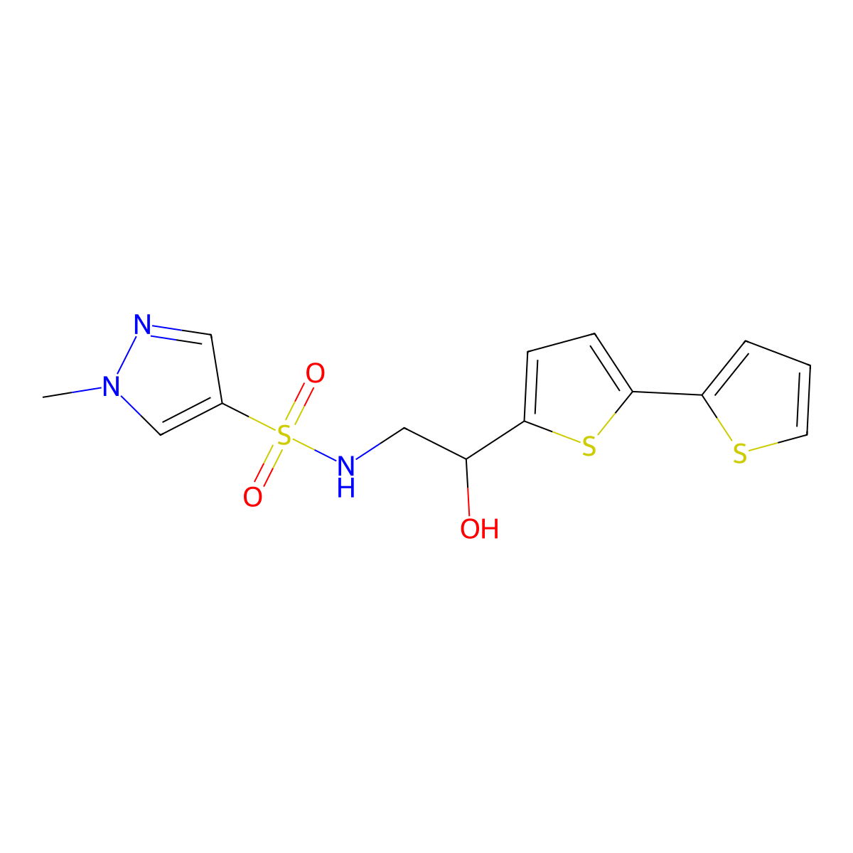 N-(2-{[2,2'-bithiophene]-5-yl}-2-hydroxyethyl)-1-methyl-1H-pyrazole-4-sulfonamide molecular structure, CAS 2097902-95-7
