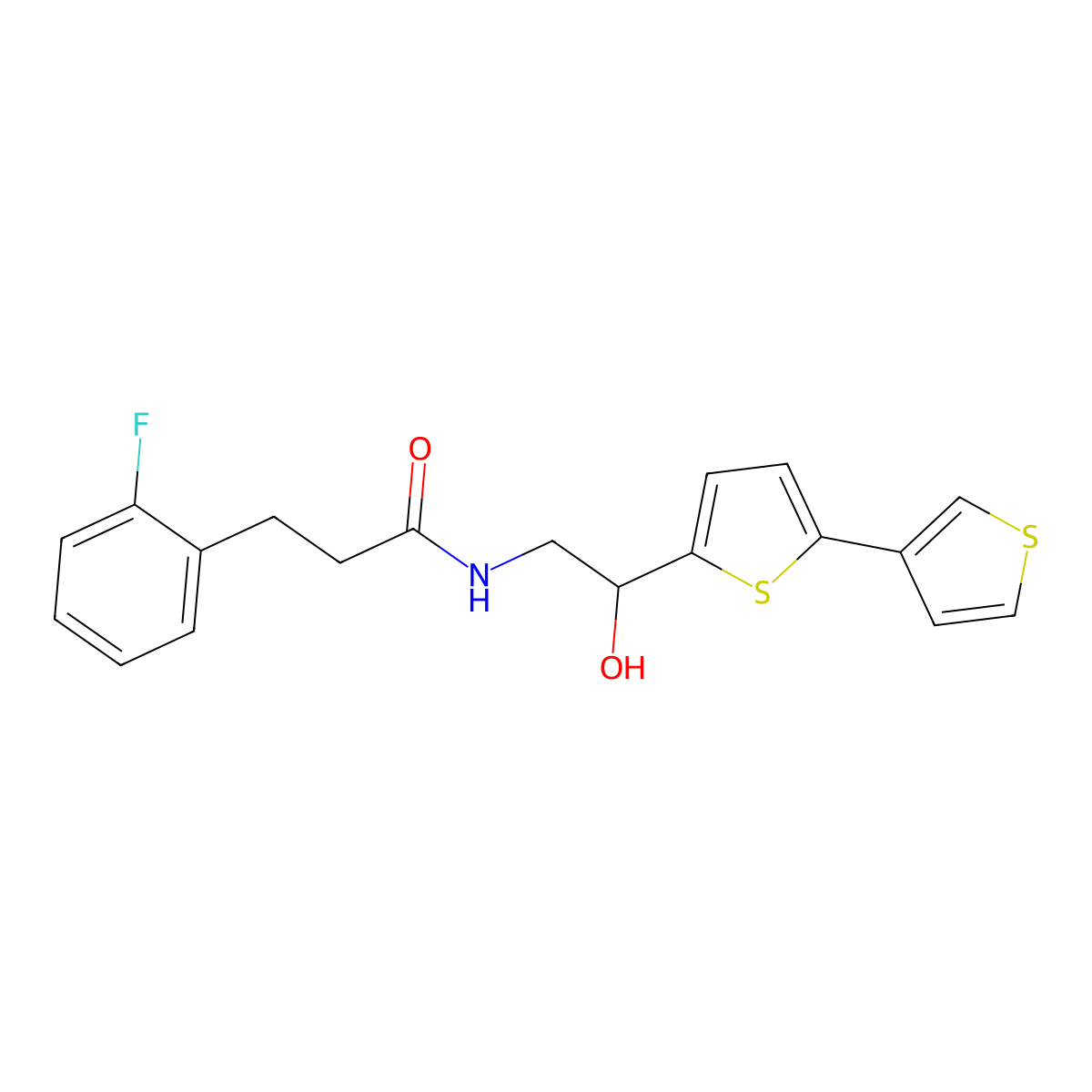 N-(2-{[2,3'-bithiophene]-5-yl}-2-hydroxyethyl)-3-(2-fluorophenyl)propanamide molecular structure, CAS 2097903-29-0
