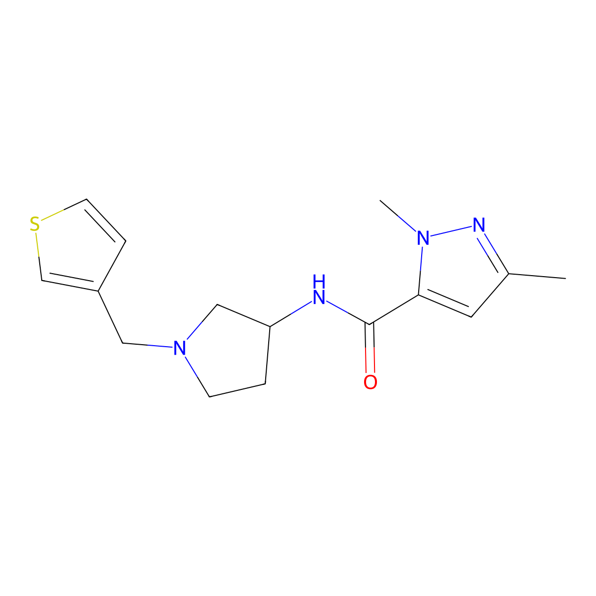 1,3-dimethyl-N-{1-[(thiophen-3-yl)methyl]pyrrolidin-3-yl}-1H-pyrazole-5-carboxamide molecular structure, CAS 2097903-34-7