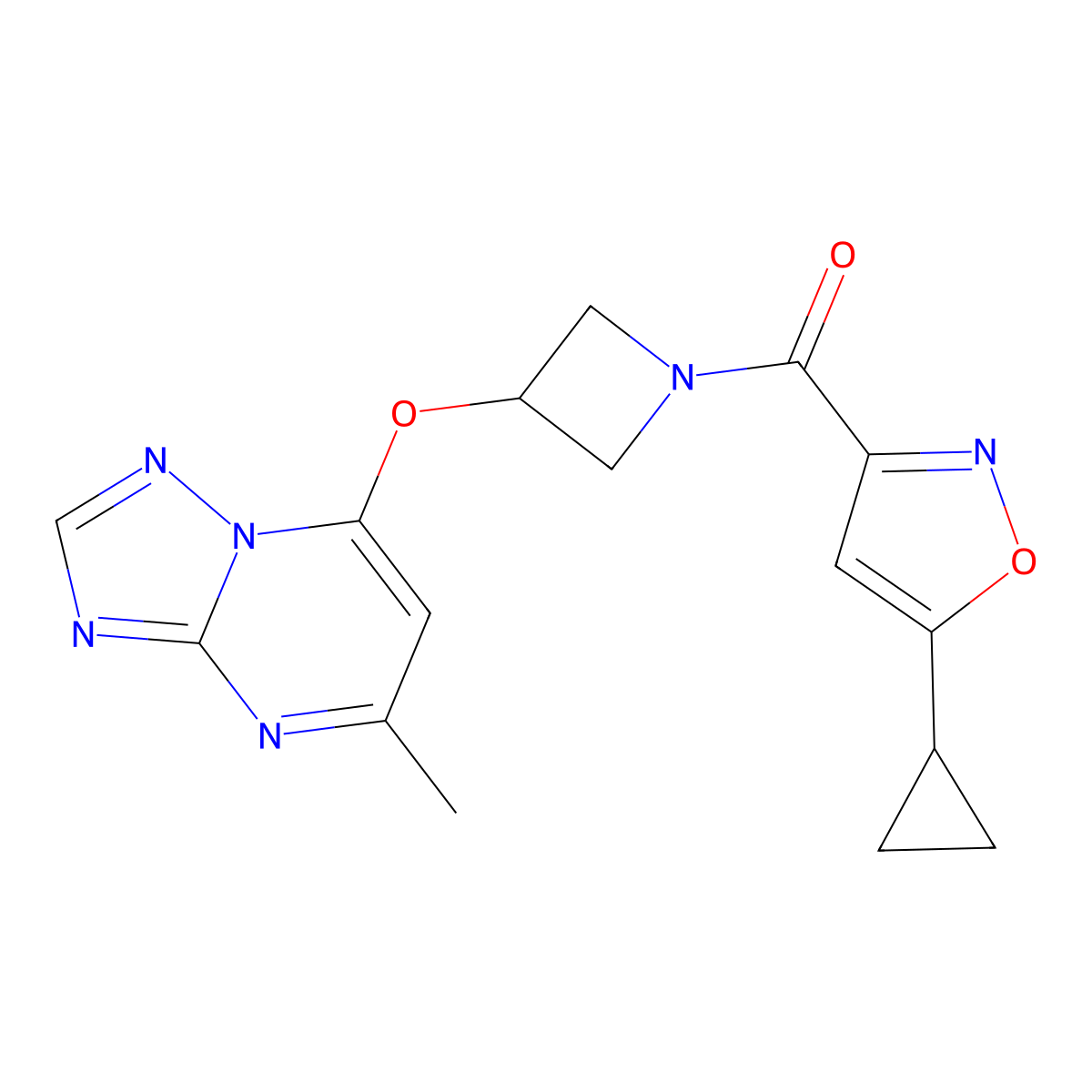 5-Cyclopropyl-3-[3-({5-methyl-[1,2,4]triazolo[1,5-a]pyrimidin-7-yl}oxy)azetidine-1-carbonyl]-1,2-oxazole molecular structure, CAS 2097903-40-5