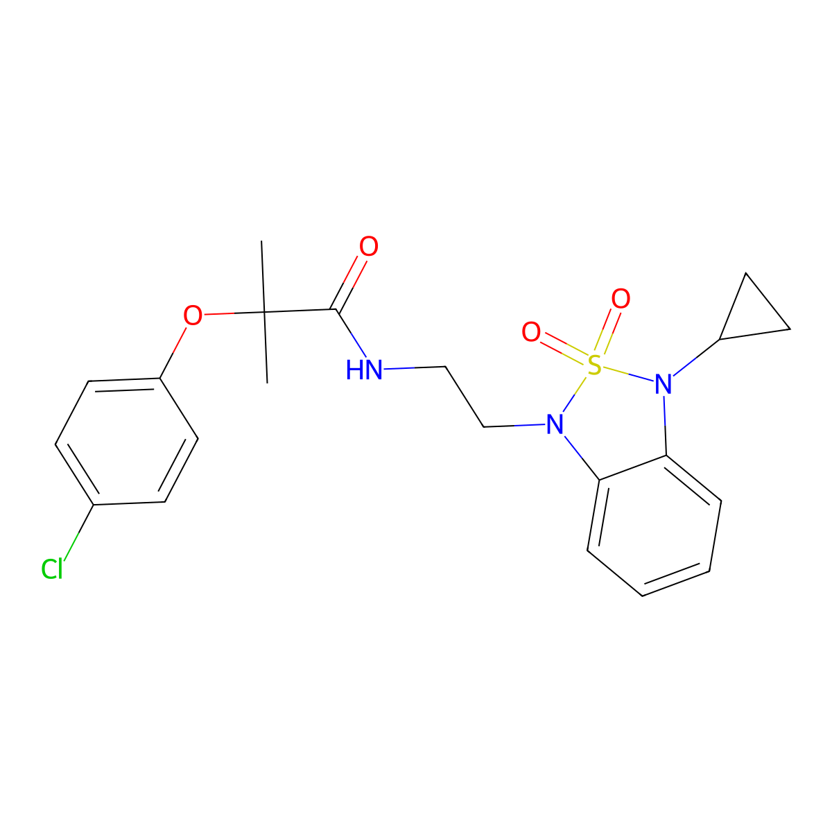 2-(4-chlorophenoxy)-N-[2-(3-cyclopropyl-2,2-dioxo-1,3-dihydro-2lambda6,1,3-benzothiadiazol-1-yl)ethyl]-2-methylpropanamide molecular structure, CAS 2097903-77-8