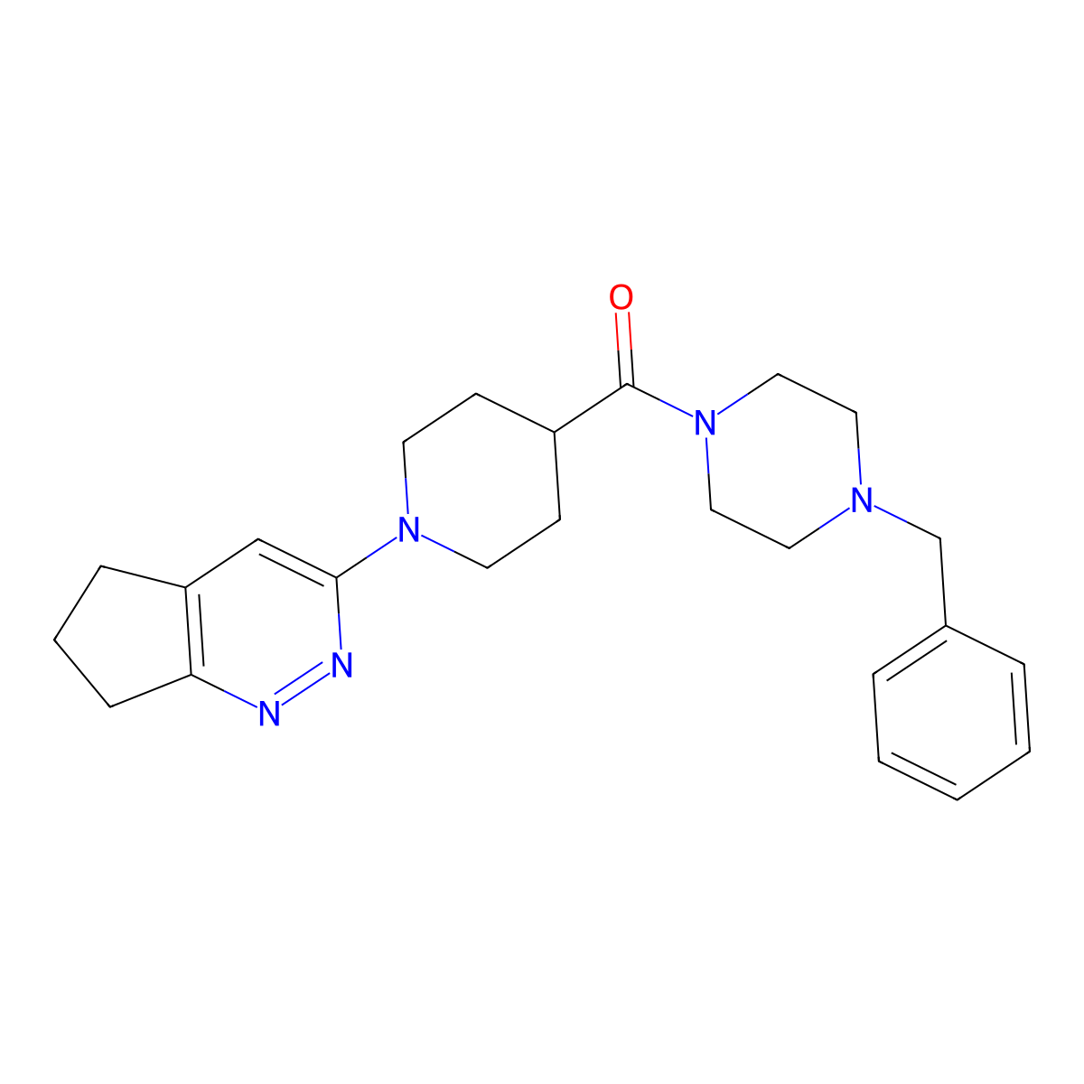 1-benzyl-4-(1-{5H,6H,7H-cyclopenta[c]pyridazin-3-yl}piperidine-4-carbonyl)piperazine molecular structure, CAS 2097903-78-9
