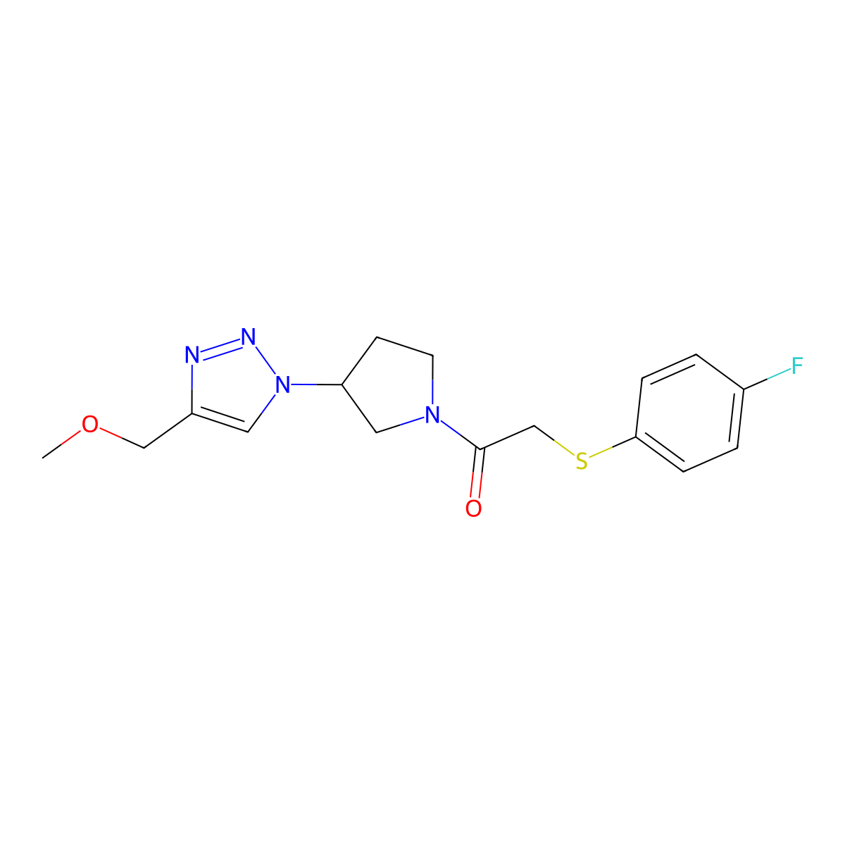 2-[(4-fluorophenyl)sulfanyl]-1-{3-[4-(methoxymethyl)-1H-1,2,3-triazol-1-yl]pyrrolidin-1-yl}ethan-1-one molecular structure, CAS 2097903-79-0
