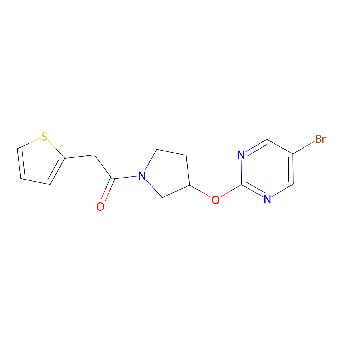 1-{3-[(5-Bromopyrimidin-2-yl)oxy]pyrrolidin-1-yl}-2-(thiophen-2-yl)ethan-1-one molecular structure, CAS 2097903-81-4