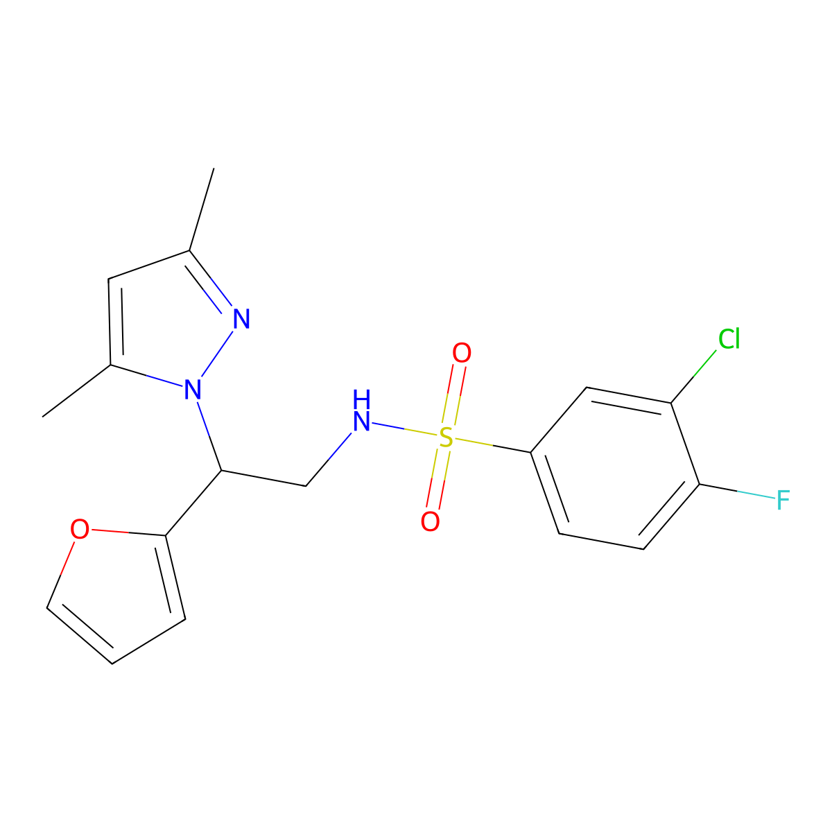 3-chloro-N-(2-(3,5-dimethyl-1H-pyrazol-1-yl)-2-(furan-2-yl)ethyl)-4-fluorobenzenesulfonamide molecular structure, CAS 2097903-93-8