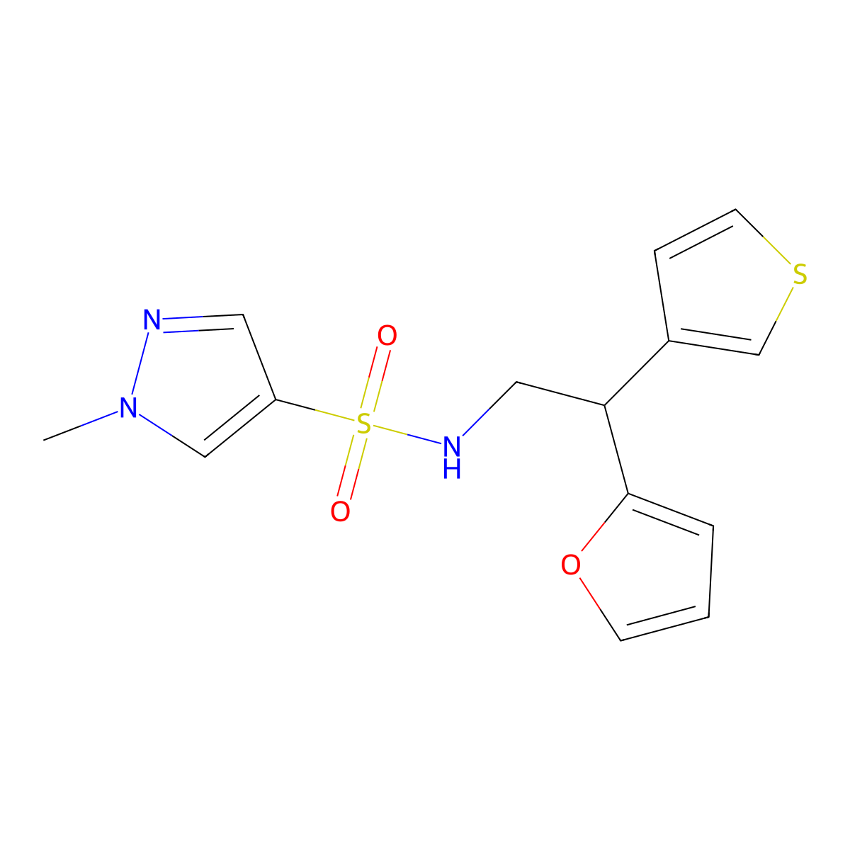 N-[2-(furan-2-yl)-2-(thiophen-3-yl)ethyl]-1-methyl-1H-pyrazole-4-sulfonamide molecular structure, CAS 2097903-98-3