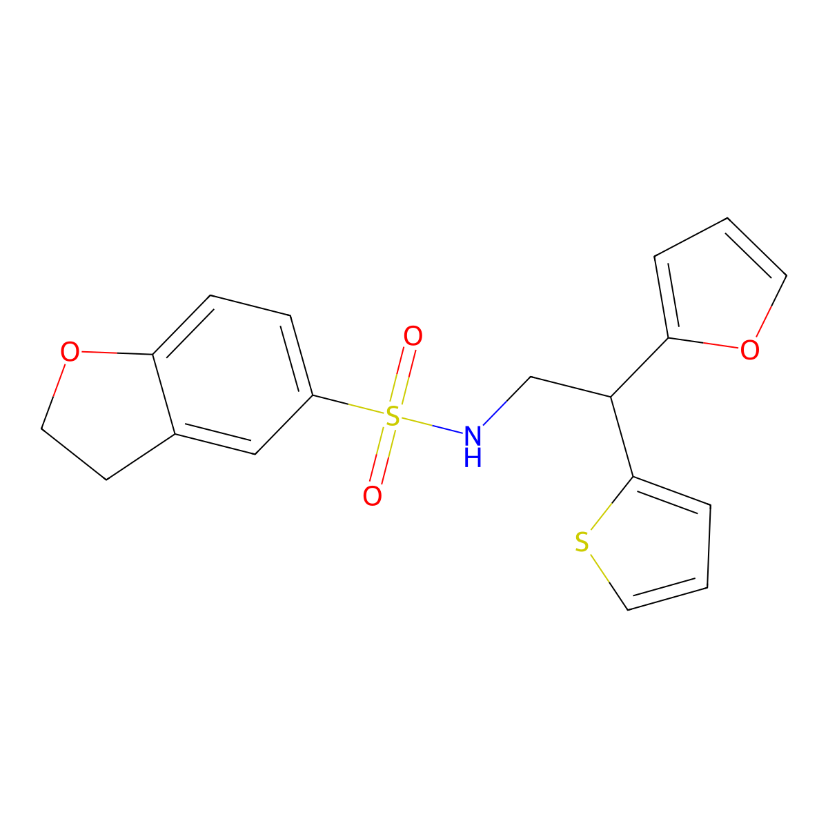 N-[2-(furan-2-yl)-2-(thiophen-2-yl)ethyl]-2,3-dihydro-1-benzofuran-5-sulfonamide molecular structure, CAS 2097904-06-6