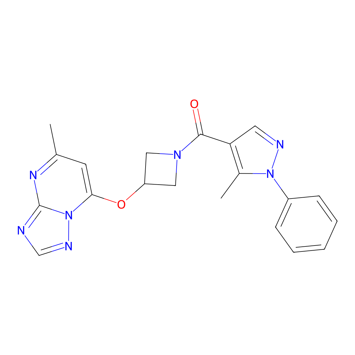5-methyl-4-[3-({5-methyl-[1,2,4]triazolo[1,5-a]pyrimidin-7-yl}oxy)azetidine-1-carbonyl]-1-phenyl-1H-pyrazole molecular structure, CAS 2097904-09-9