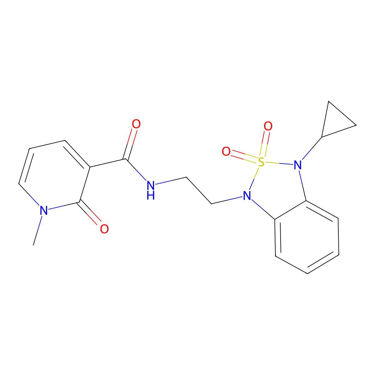 N-[2-(3-cyclopropyl-2,2-dioxo-1,3-dihydro-2lambda6,1,3-benzothiadiazol-1-yl)ethyl]-1-methyl-2-oxo-1,2-dihydropyridine-3-carboxamide molecular structure, CAS 2097904-11-3