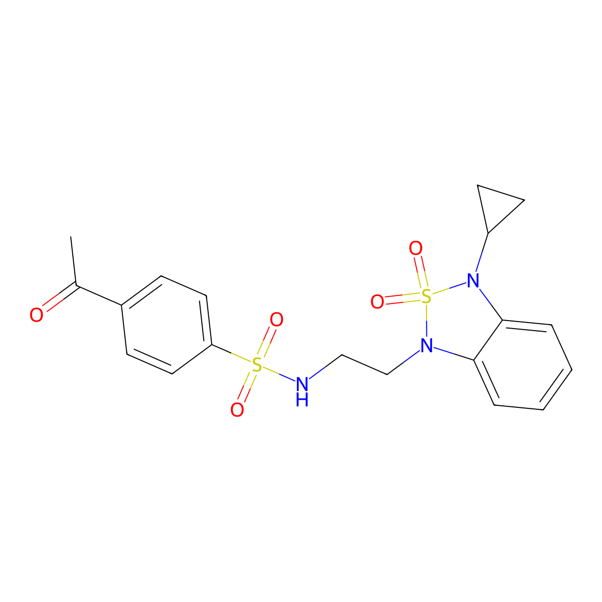 4-acetyl-N-[2-(3-cyclopropyl-2,2-dioxo-1,3-dihydro-2lambda6,1,3-benzothiadiazol-1-yl)ethyl]benzene-1-sulfonamide molecular structure, CAS 2097904-21-5