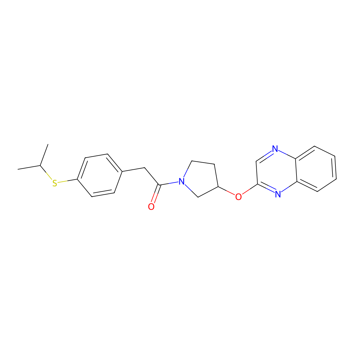 2-[4-(Propan-2-ylsulfanyl)phenyl]-1-[3-(quinoxalin-2-yloxy)pyrrolidin-1-yl]ethan-1-one molecular structure, CAS 2097904-23-7