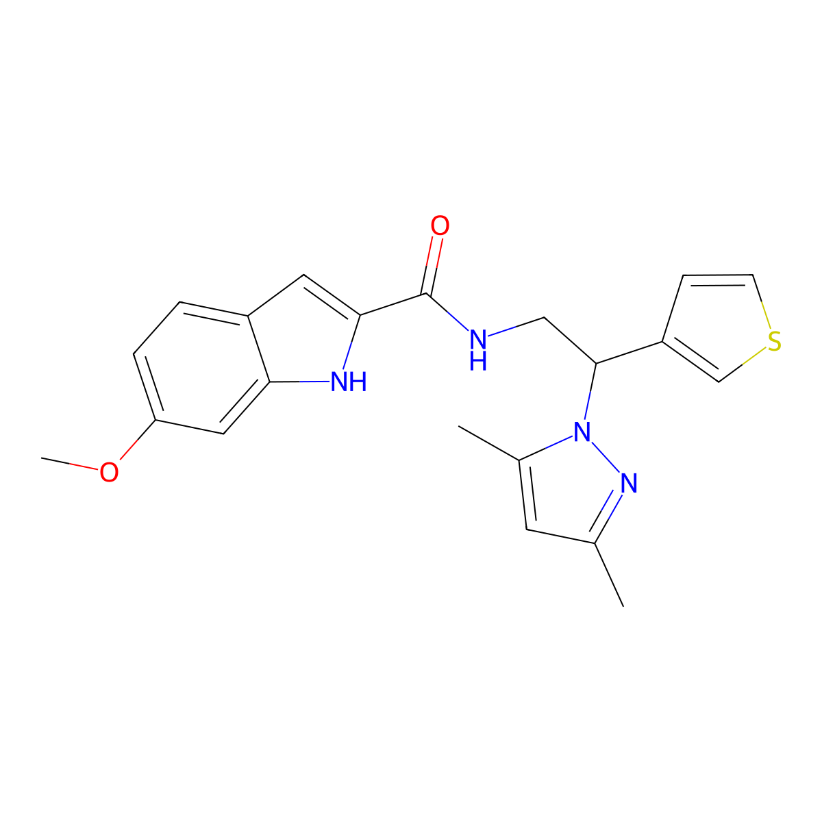 N-[2-(3,5-dimethyl-1H-pyrazol-1-yl)-2-(thiophen-3-yl)ethyl]-6-methoxy-1H-indole-2-carboxamide molecular structure, CAS 2097904-29-3